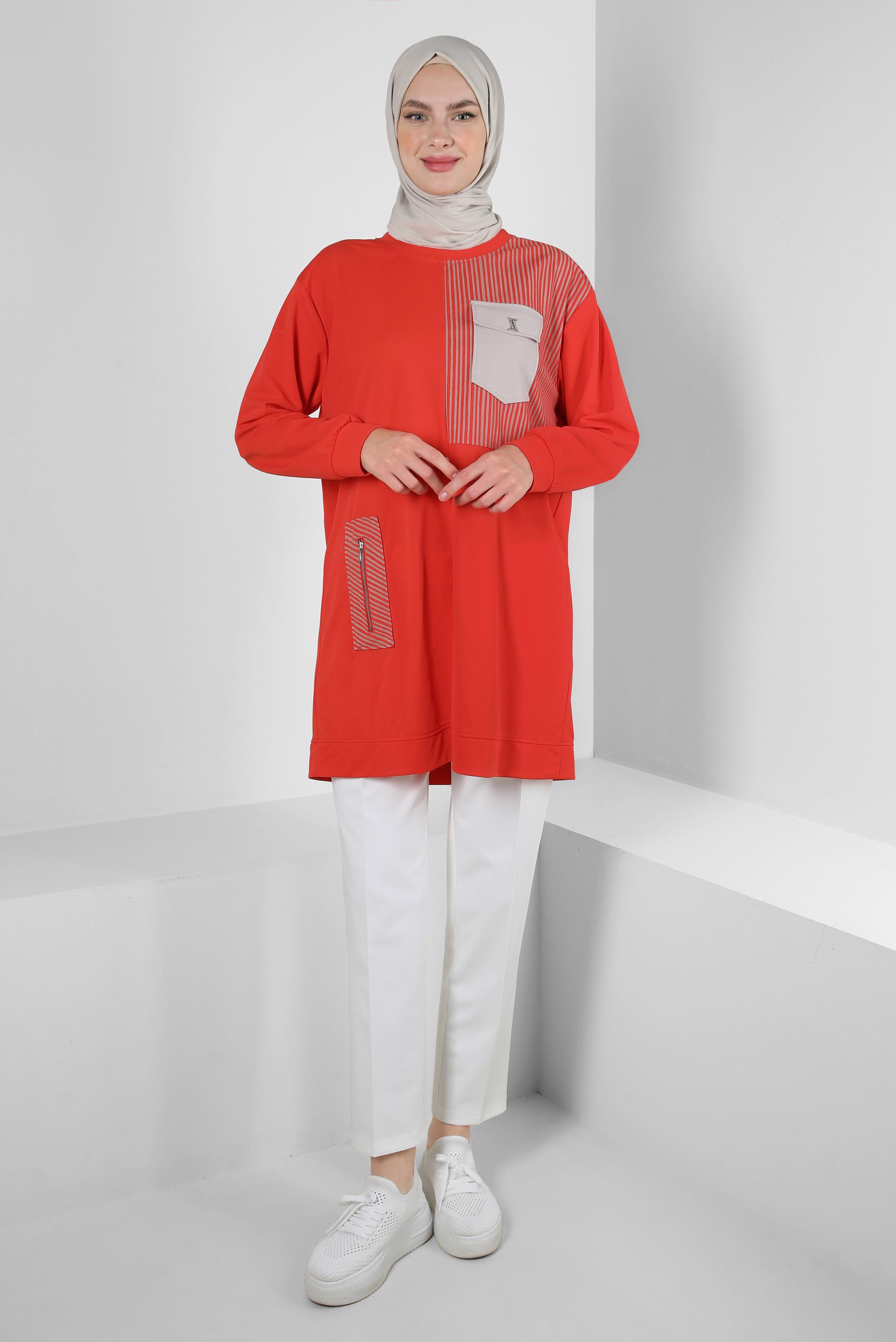 Tesettür giyim KIRMIZI ÇİZGİ DETAYLI BİSİKLET YAKA EŞOFMAN TUNİK 43804