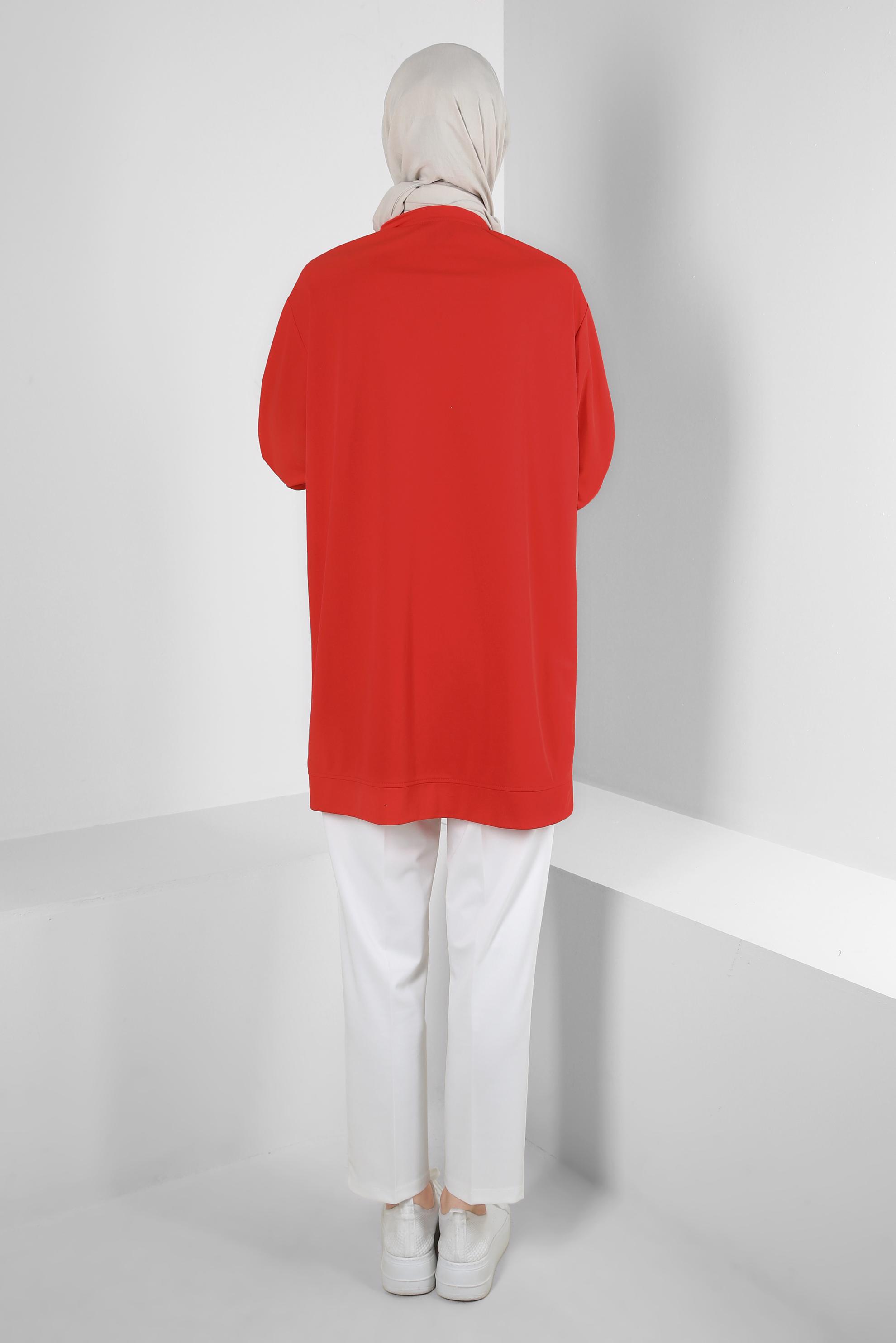 Tesettür giyim KIRMIZI ÇİZGİ DETAYLI BİSİKLET YAKA EŞOFMAN TUNİK 43804