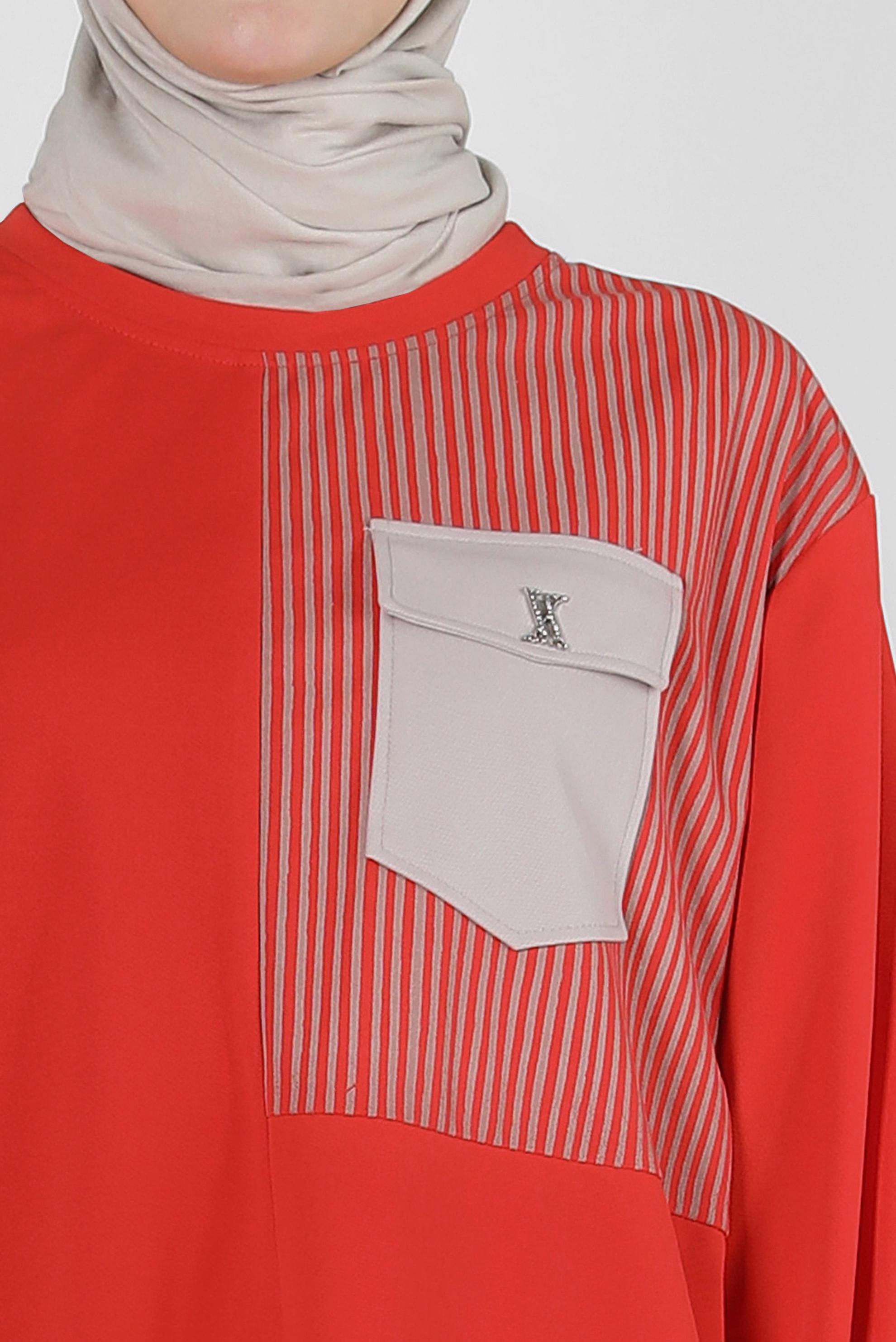 Tesettür giyim KIRMIZI ÇİZGİ DETAYLI BİSİKLET YAKA EŞOFMAN TUNİK 43804