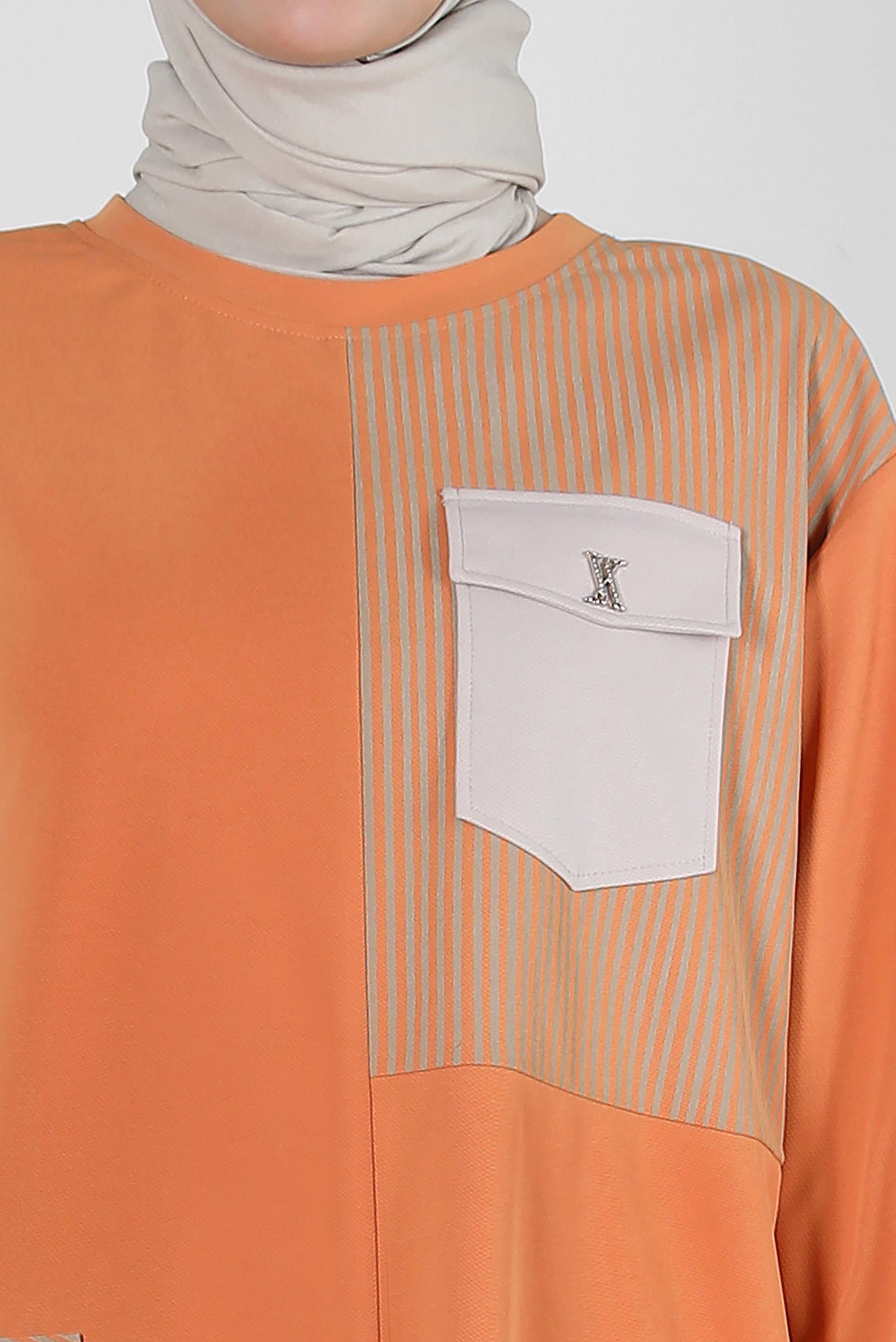 Tesettür giyim TURUNCU ÇİZGİ DETAYLI BİSİKLET YAKA EŞOFMAN TUNİK 43804