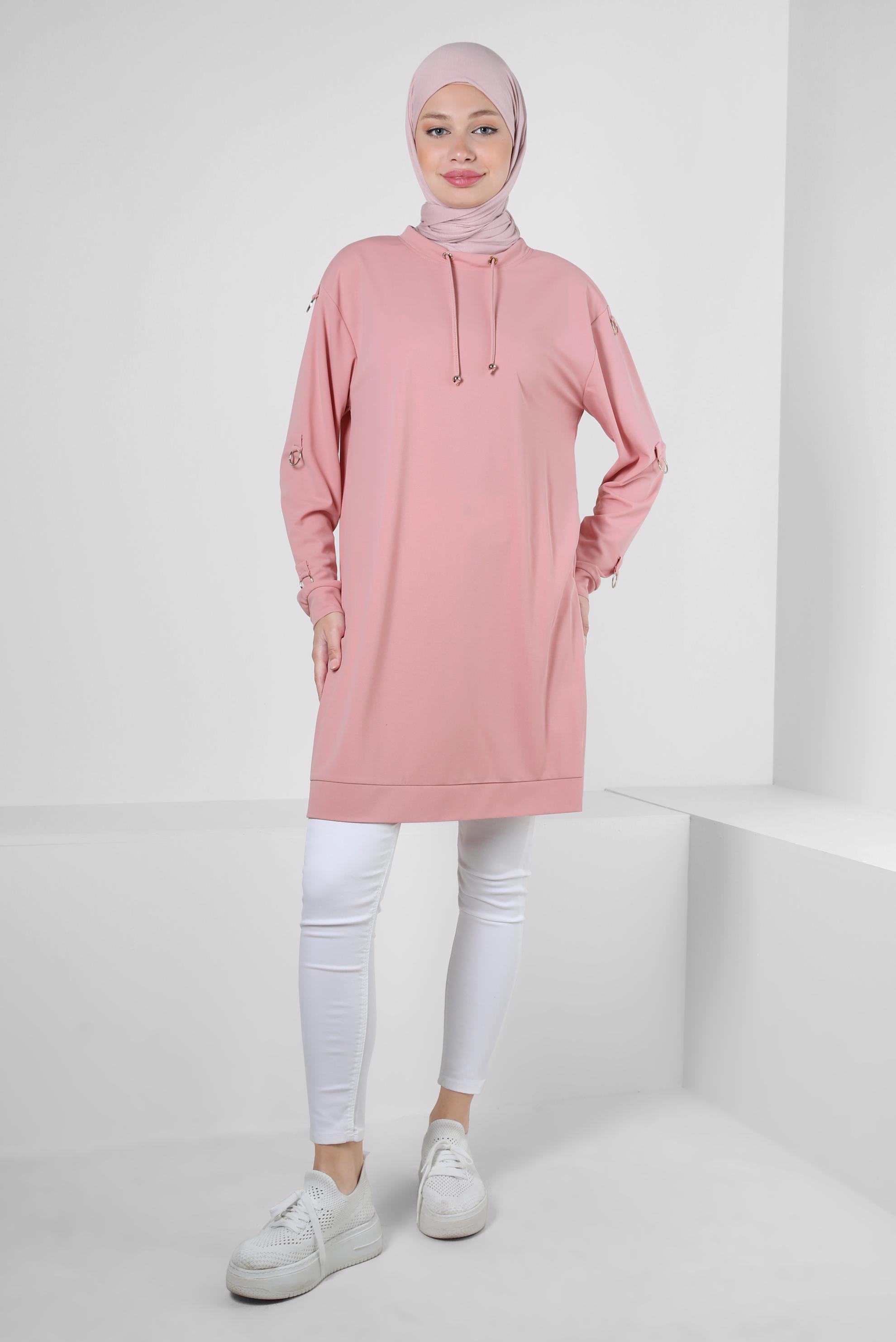 Tesettür giyim PUDRA METAL AKSESUARLI YAKASI BAĞLAMALI EŞOFMAN TUNİK 43851