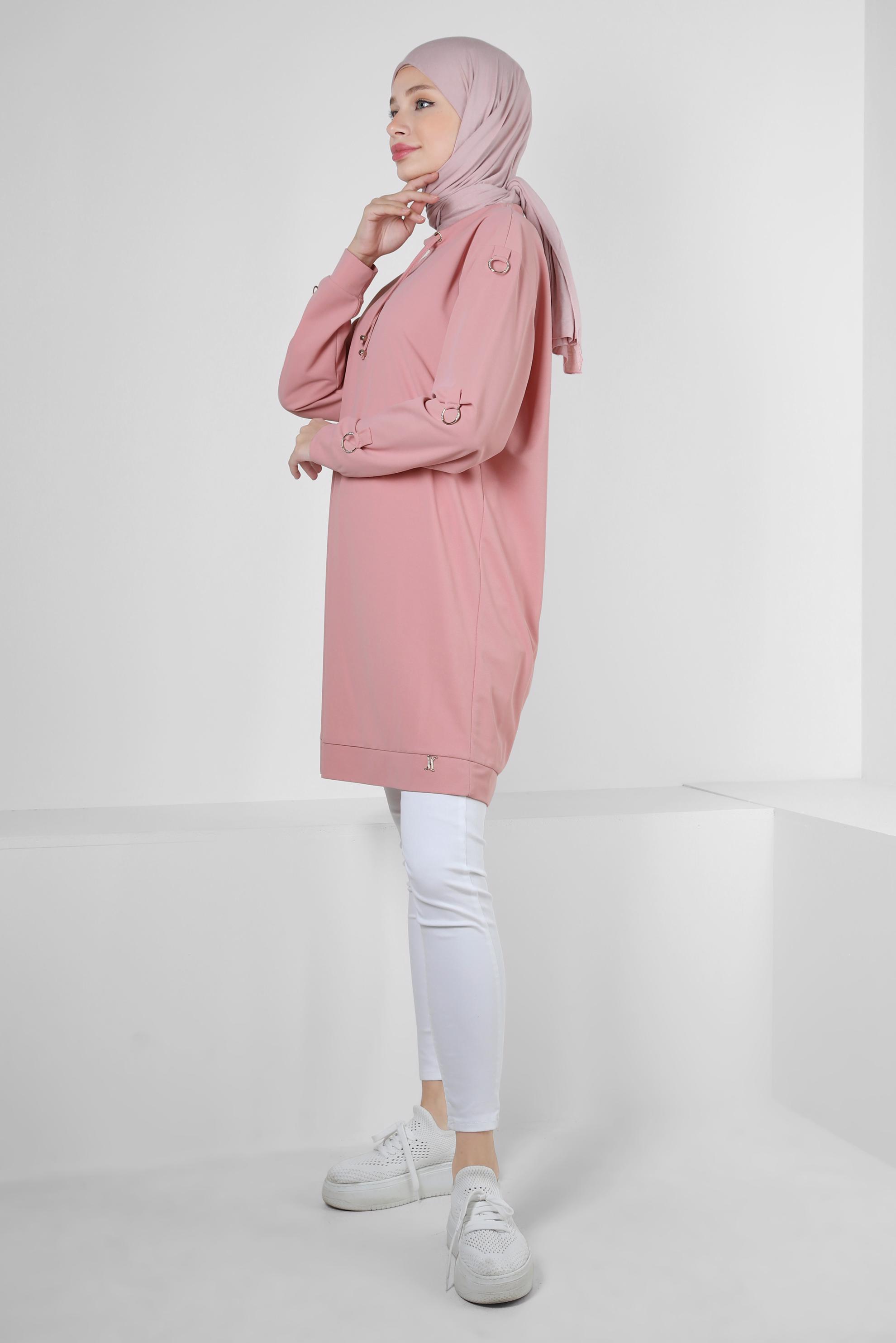 Tesettür giyim PUDRA METAL AKSESUARLI YAKASI BAĞLAMALI EŞOFMAN TUNİK 43851