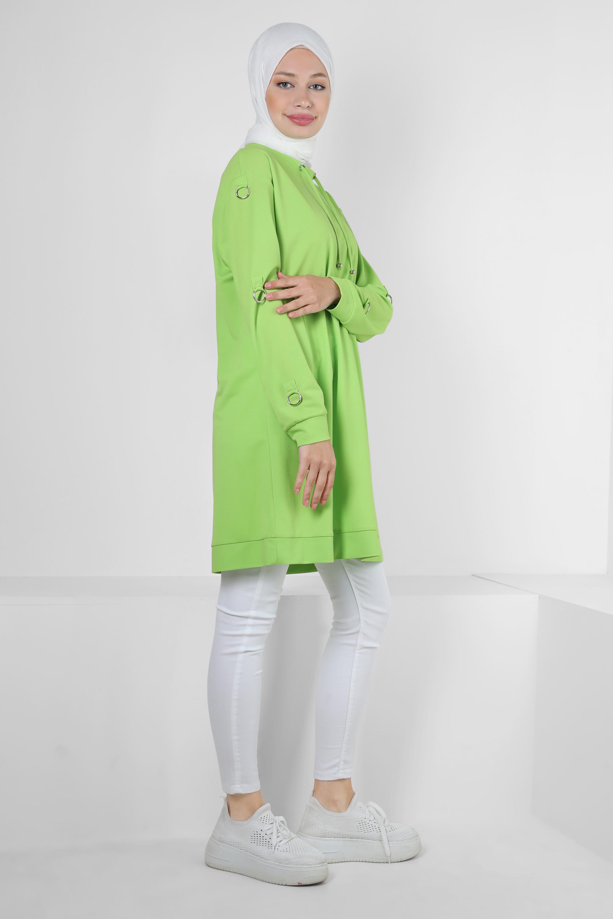 Tesettür giyim YEŞİL METAL AKSESUARLI YAKASI BAĞLAMALI EŞOFMAN TUNİK 43851