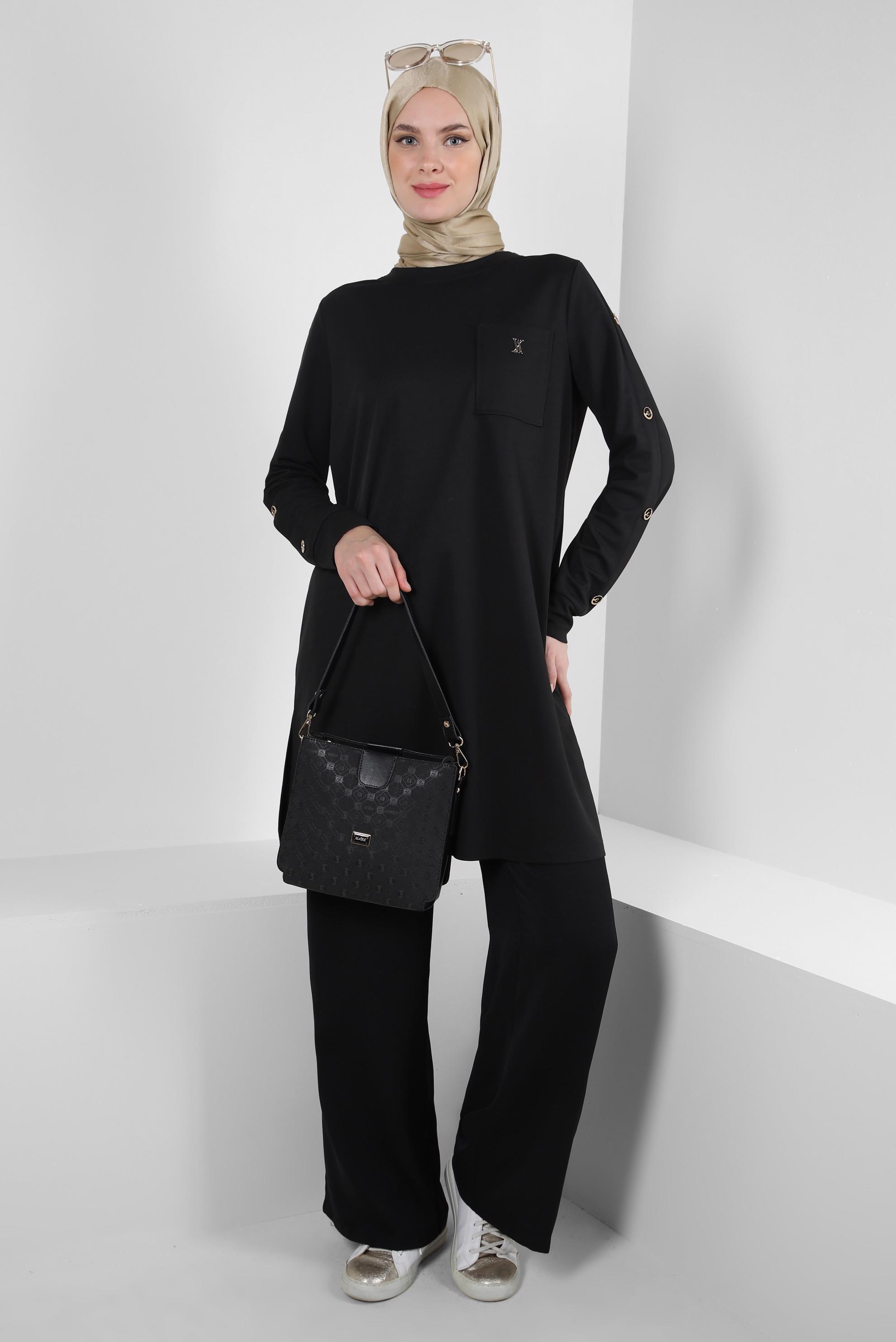 Tesettür giyim SİYAH METAL AKSESUARLI CEPLİ EŞOFMAN TUNİK 43885