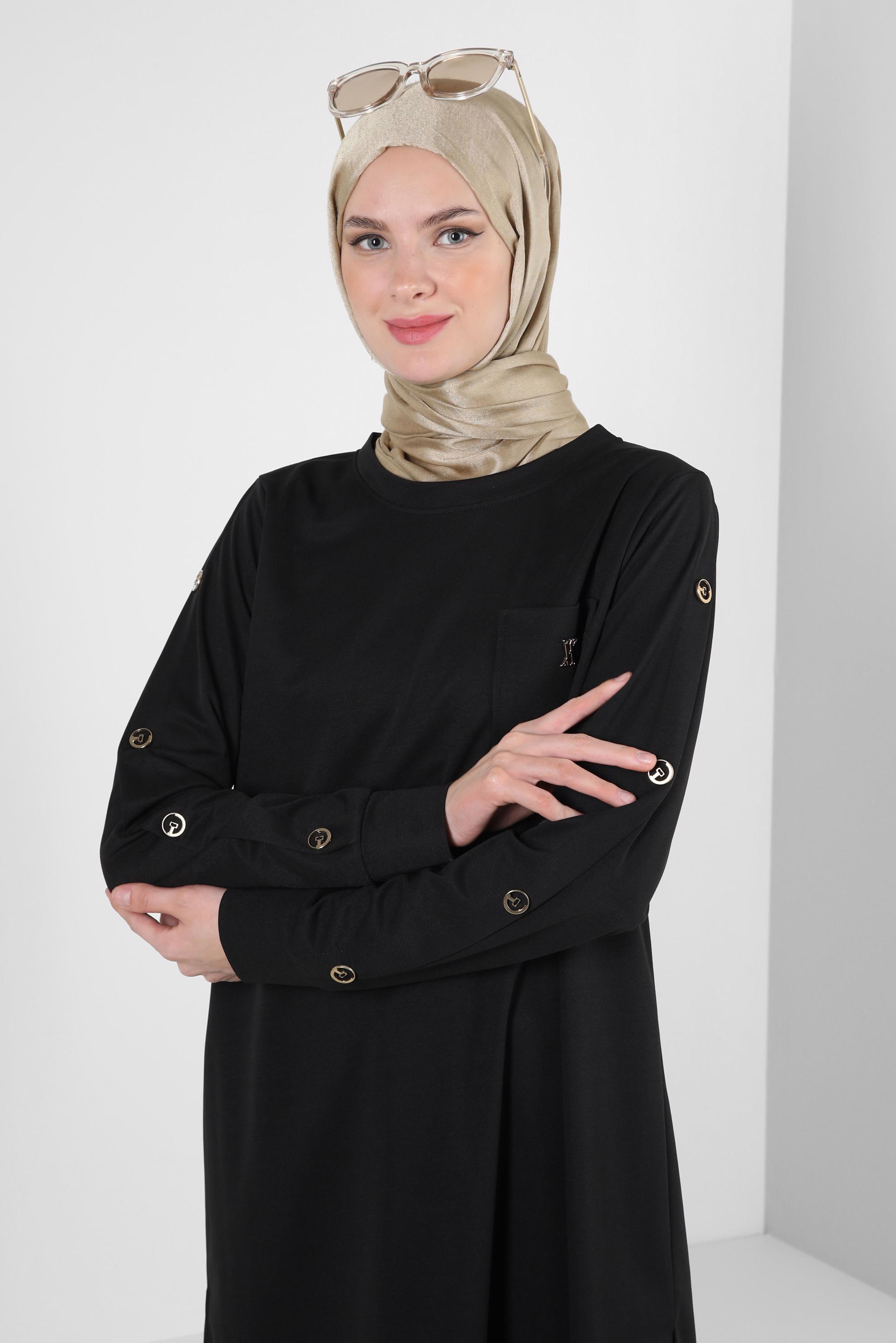 Tesettür giyim SİYAH METAL AKSESUARLI CEPLİ EŞOFMAN TUNİK 43885