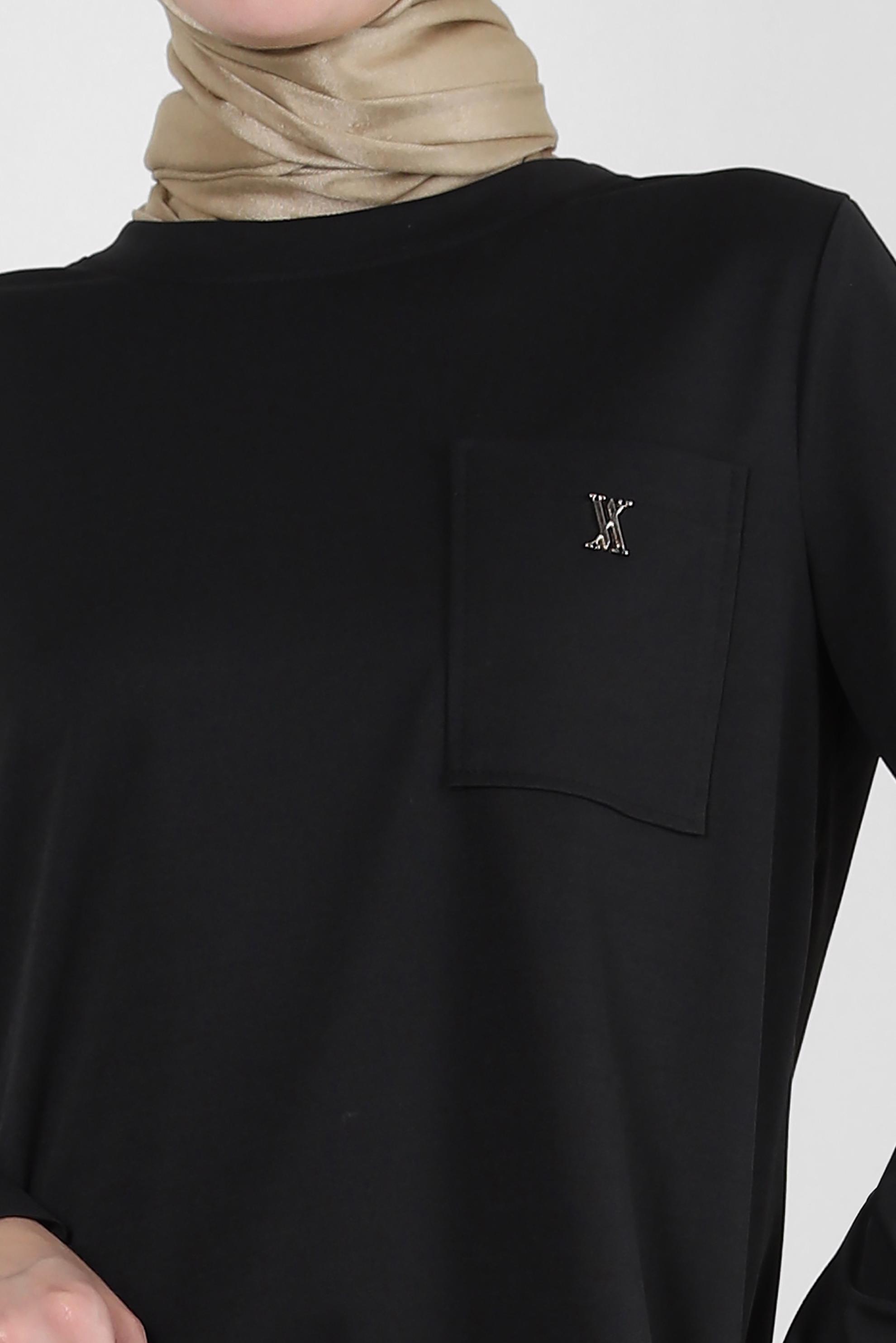 Tesettür giyim SİYAH METAL AKSESUARLI CEPLİ EŞOFMAN TUNİK 43885