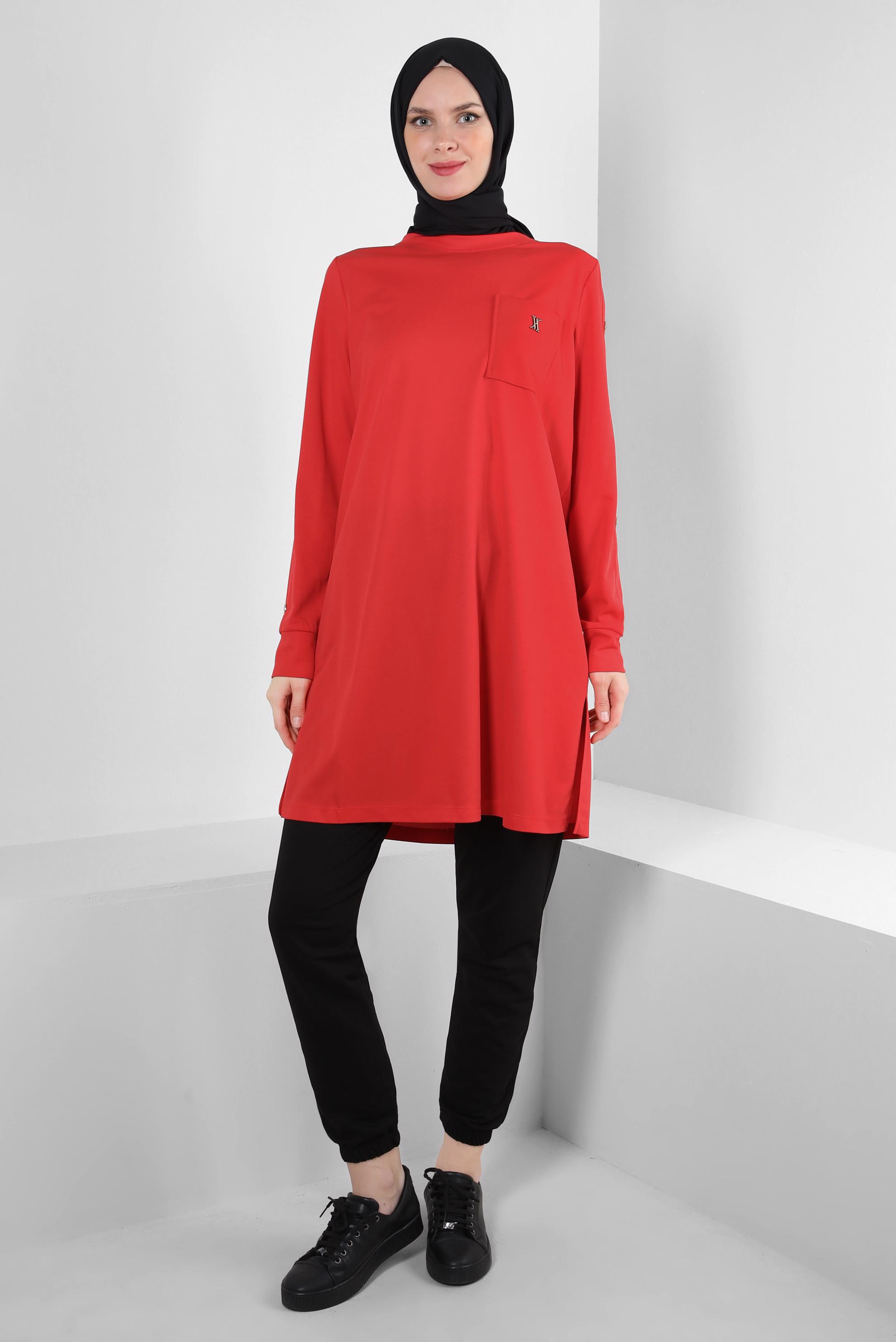 Tesettür giyim KIRMIZI METAL AKSESUARLI CEPLİ EŞOFMAN TUNİK 43885