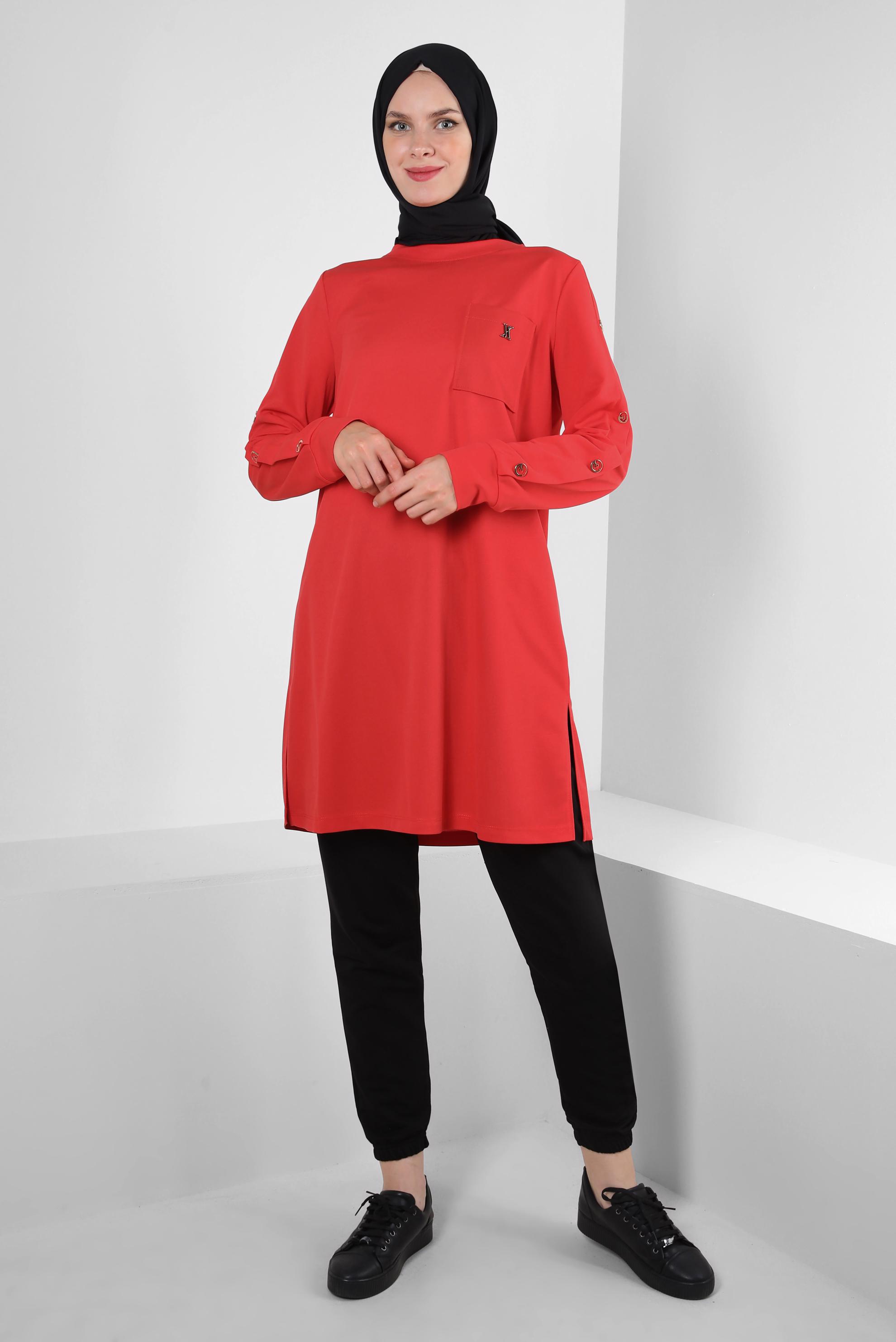 Tesettür giyim KIRMIZI METAL AKSESUARLI CEPLİ EŞOFMAN TUNİK 43885