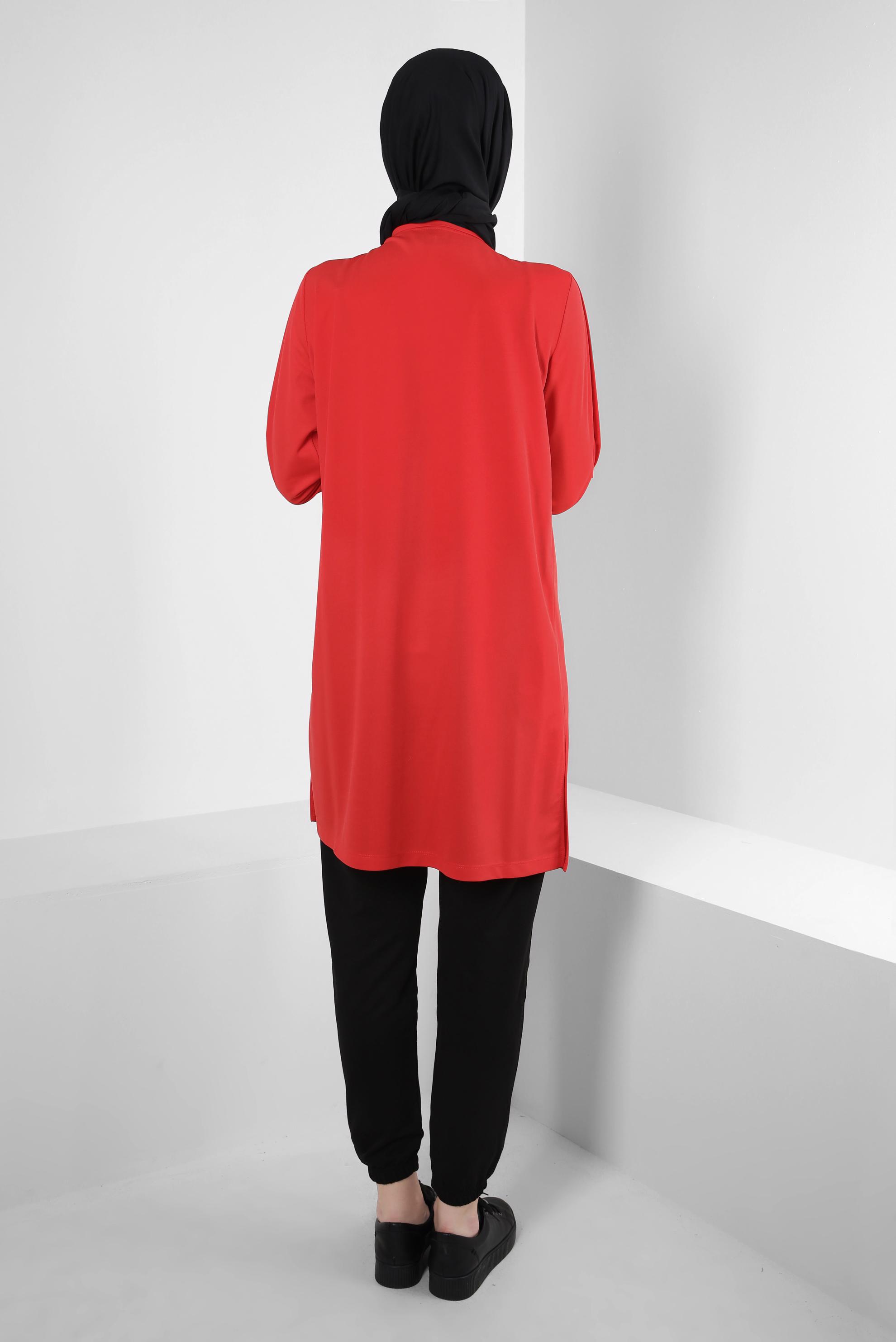 Tesettür giyim KIRMIZI METAL AKSESUARLI CEPLİ EŞOFMAN TUNİK 43885