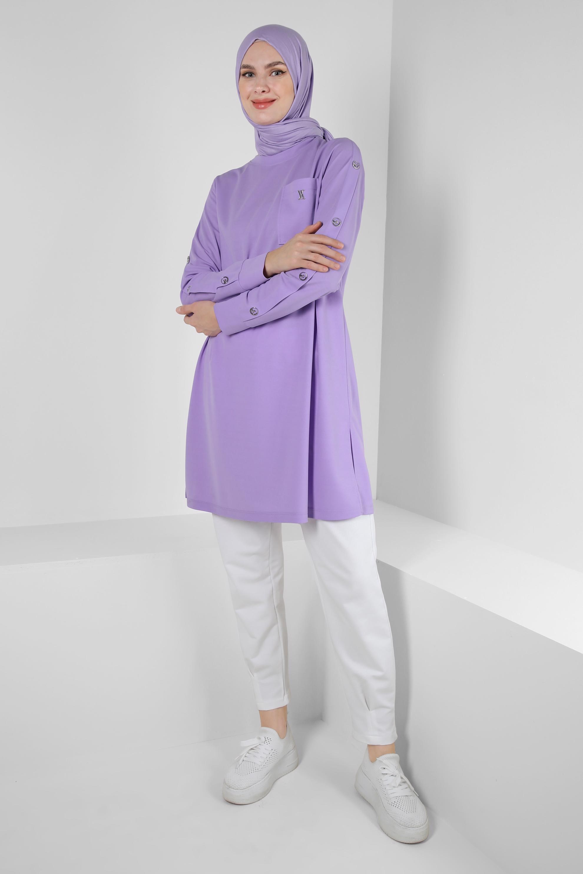 Tesettür giyim MOR METAL AKSESUARLI CEPLİ EŞOFMAN TUNİK 43885