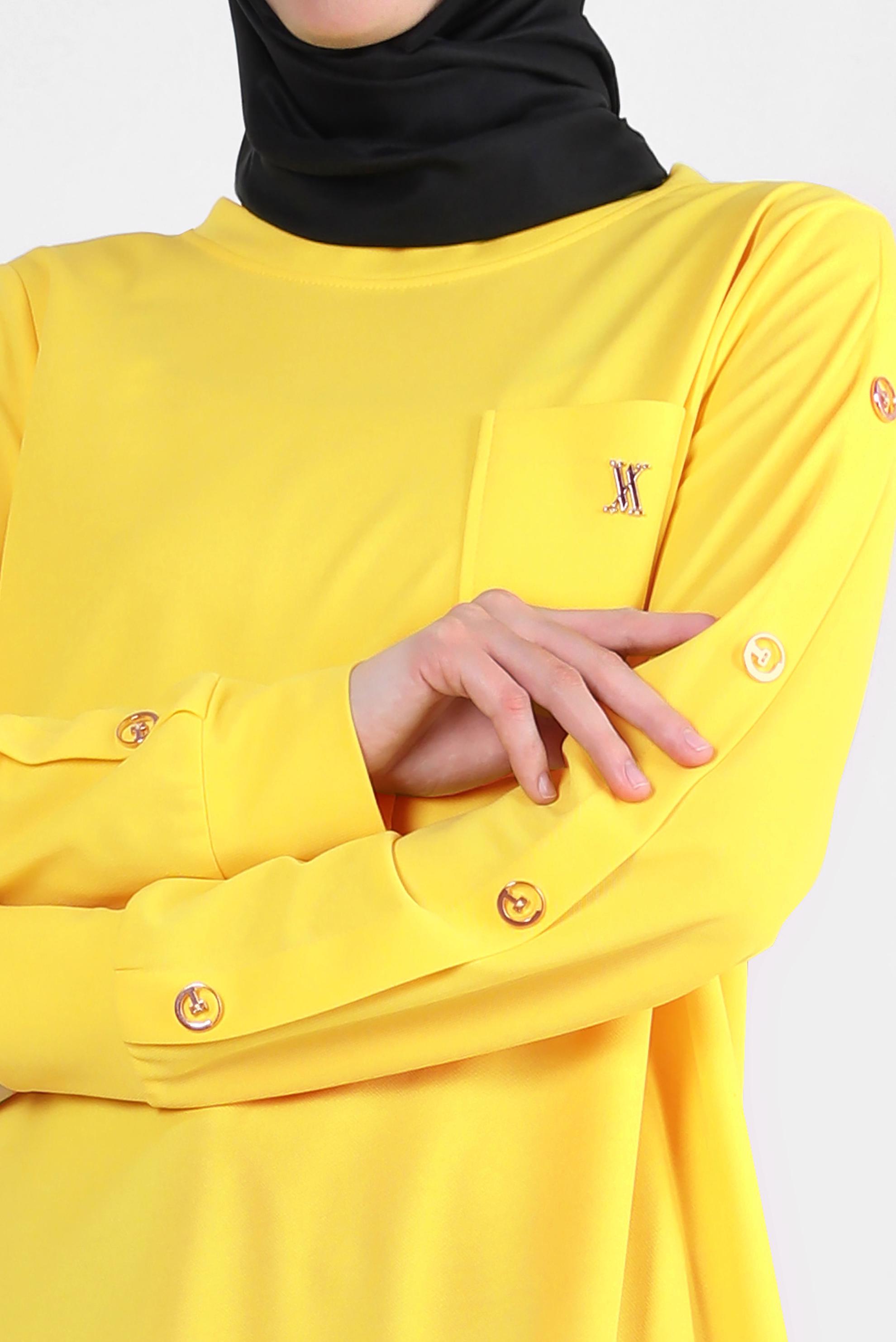 Tesettür giyim SARI METAL AKSESUARLI CEPLİ EŞOFMAN TUNİK 43885