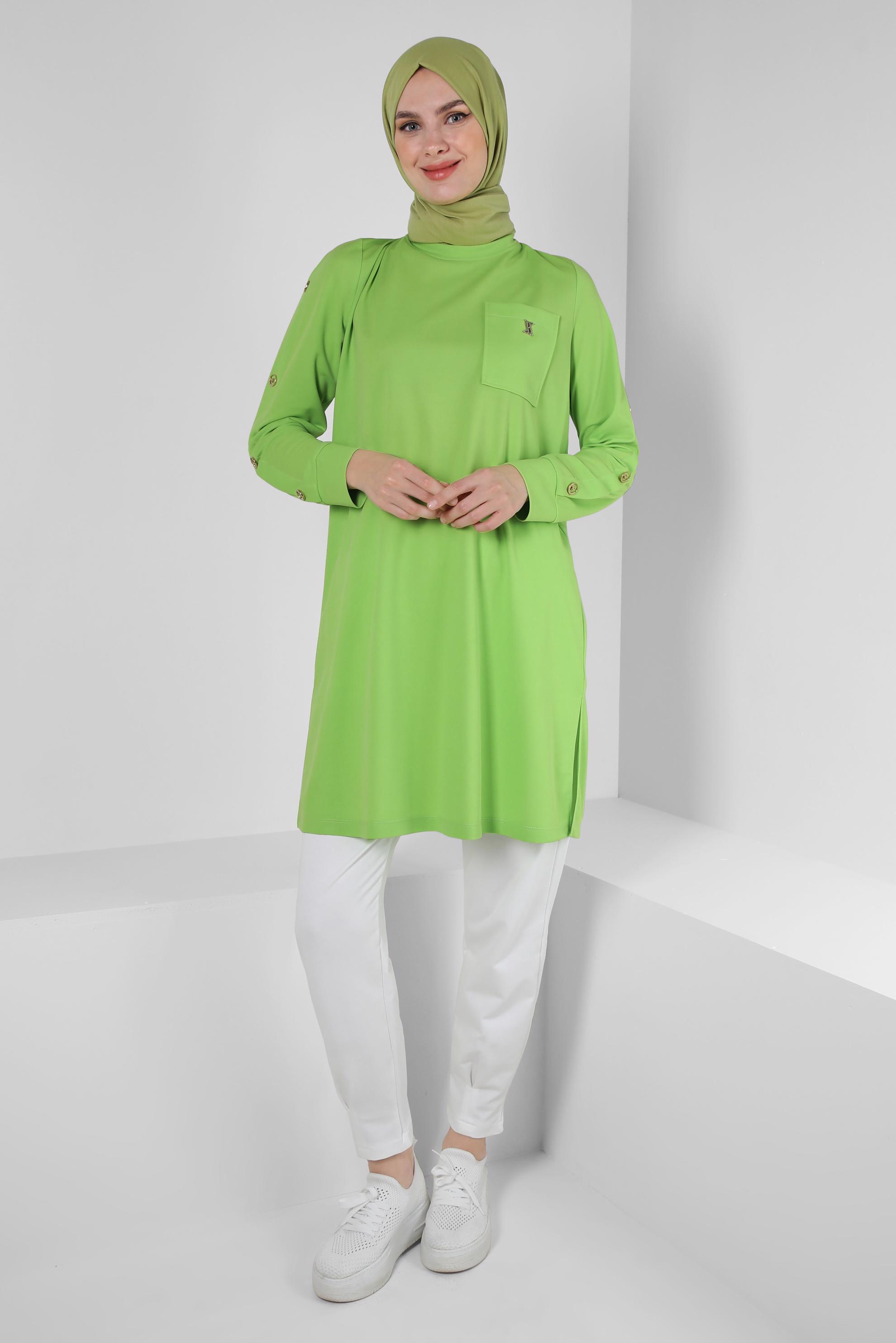 Tesettür giyim YEŞİL METAL AKSESUARLI CEPLİ EŞOFMAN TUNİK 43885