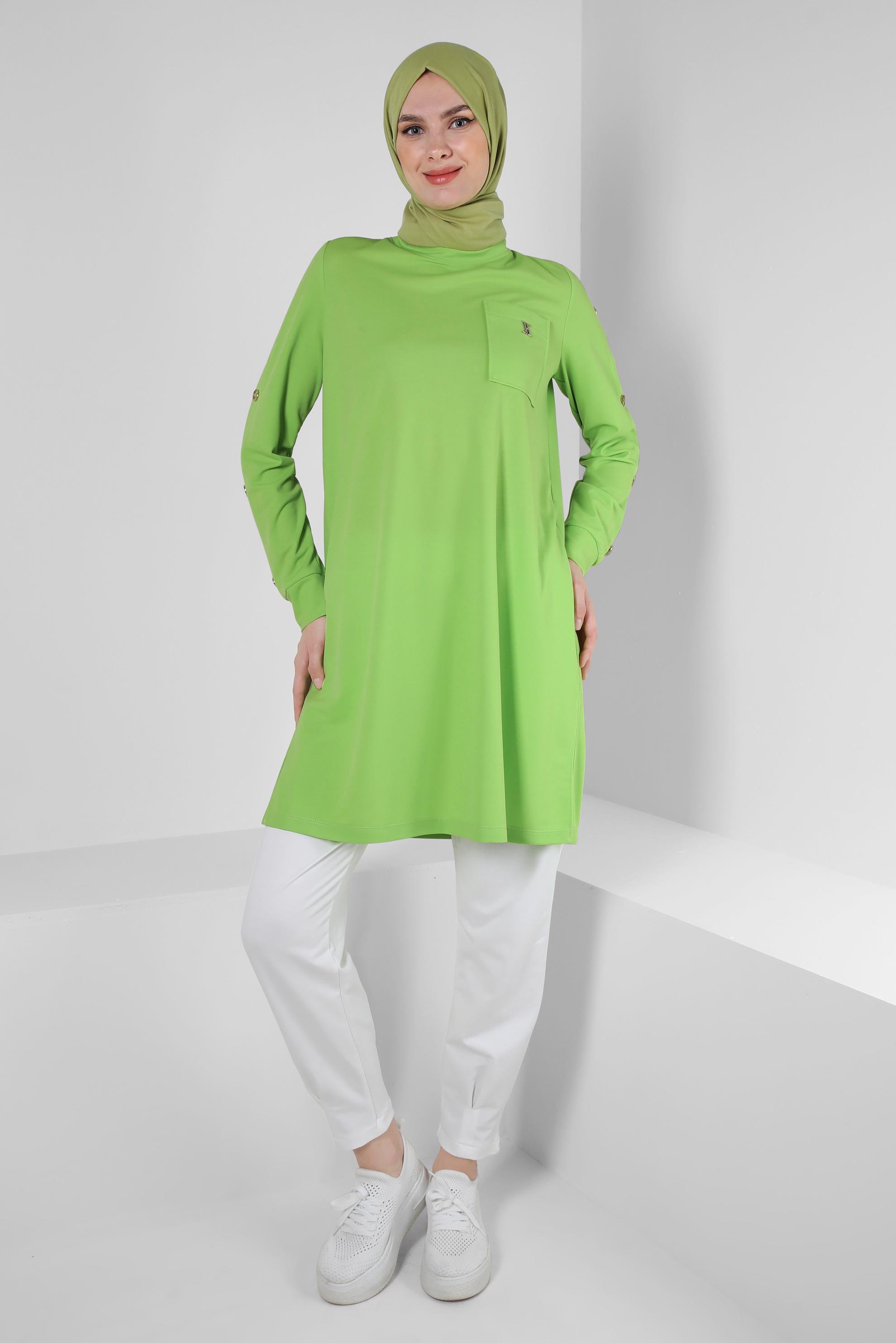 Tesettür giyim YEŞİL METAL AKSESUARLI CEPLİ EŞOFMAN TUNİK 43885
