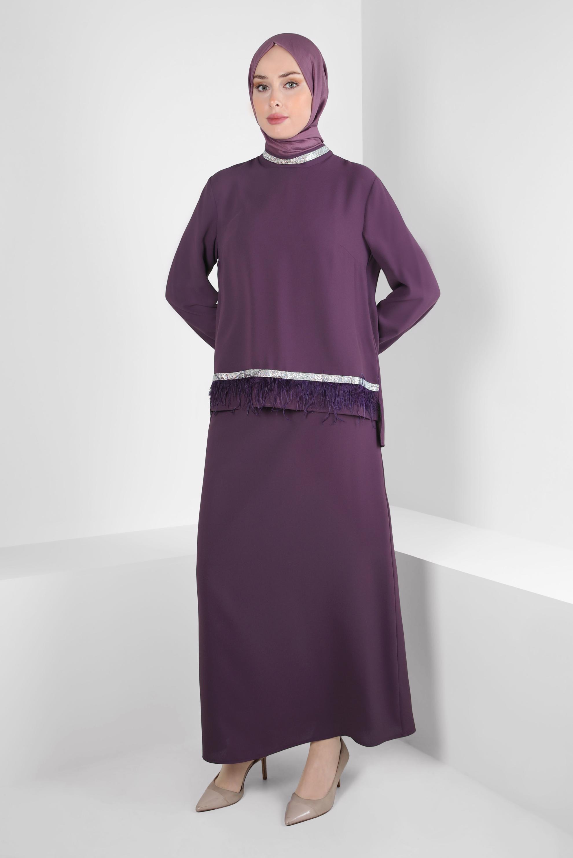 Tesettür giyim MOR PÜSKÜL DETAYLI ETEKLİ TAKIM 30205