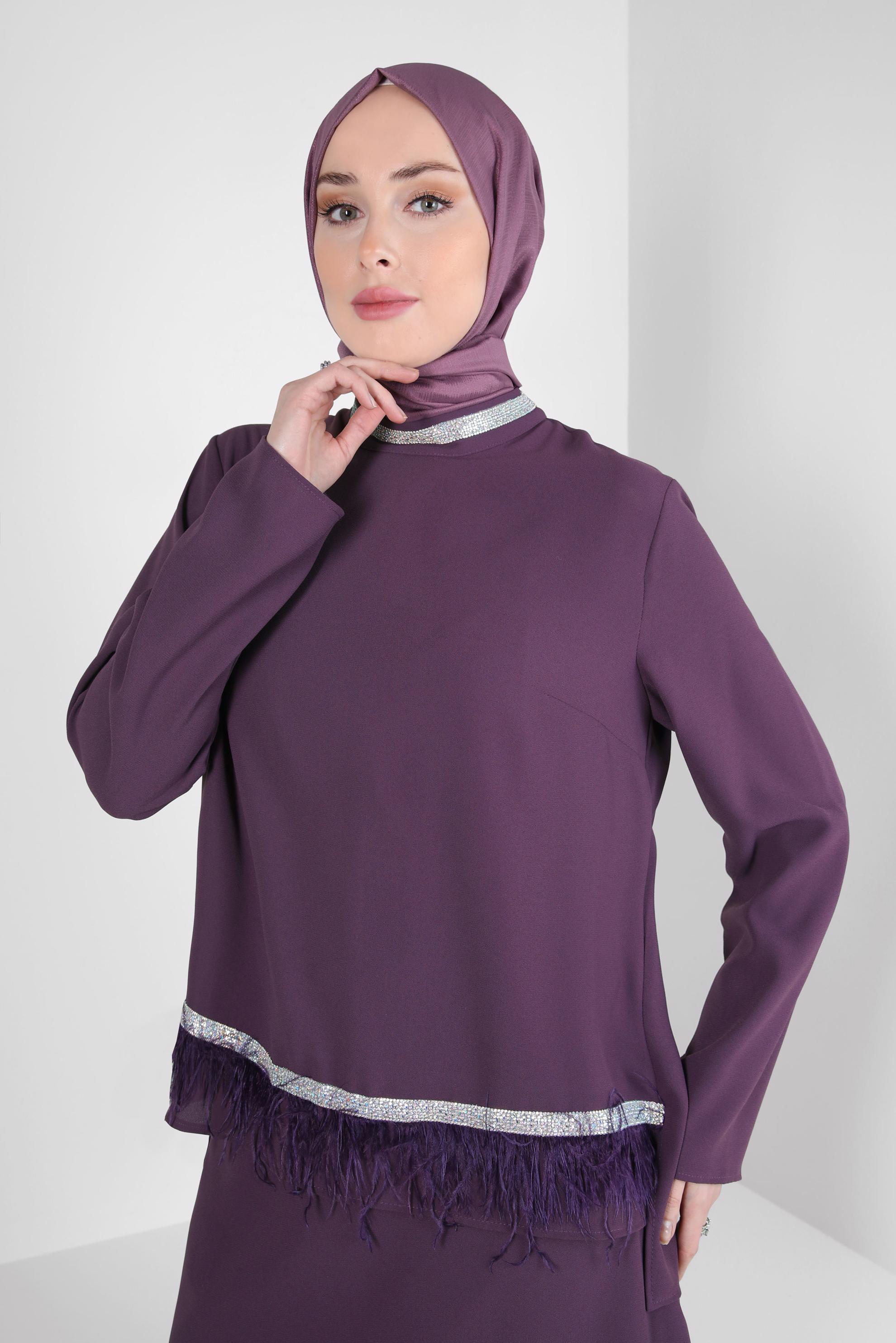 Tesettür giyim MOR PÜSKÜL DETAYLI ETEKLİ TAKIM 30205