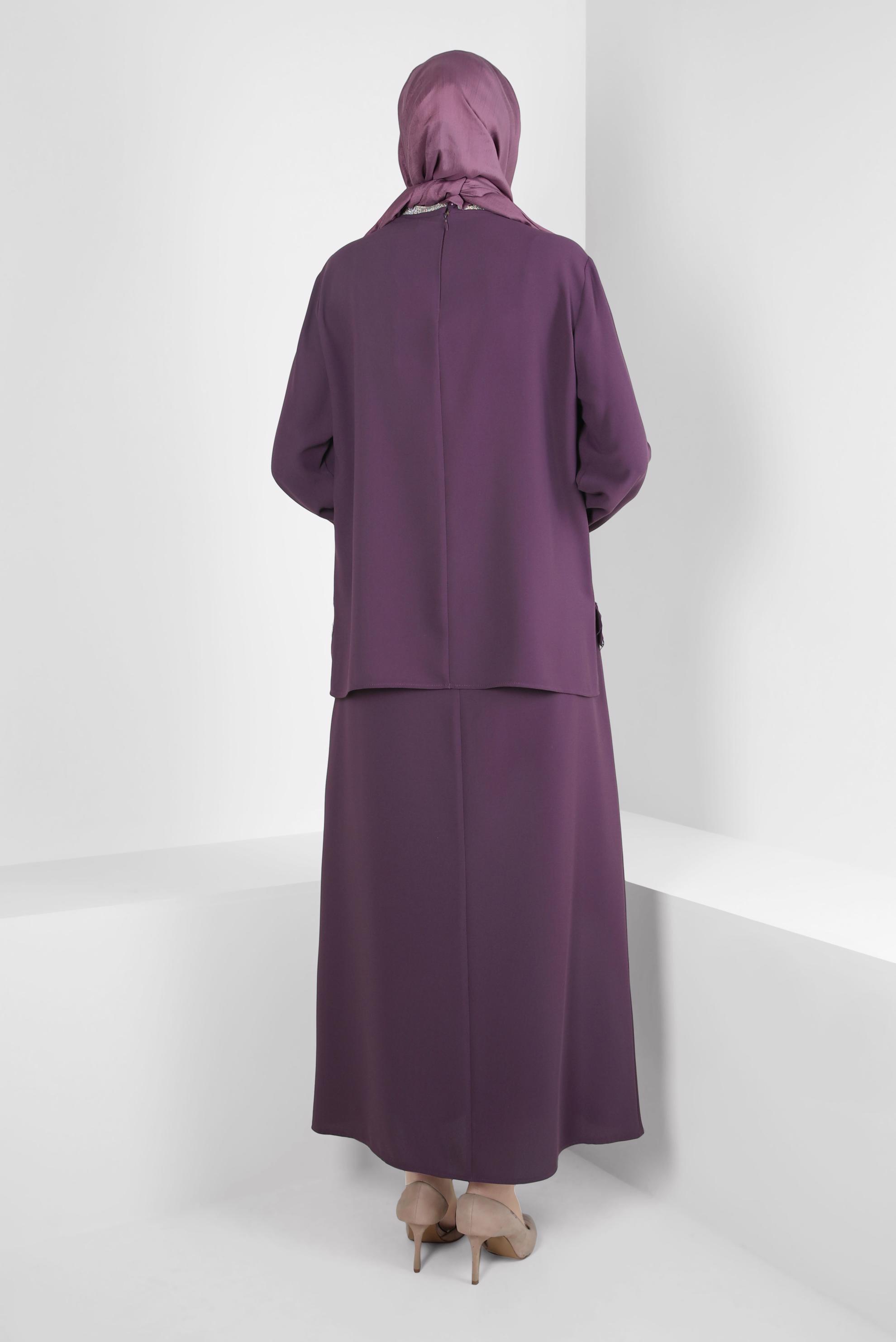 Tesettür giyim MOR PÜSKÜL DETAYLI ETEKLİ TAKIM 30205