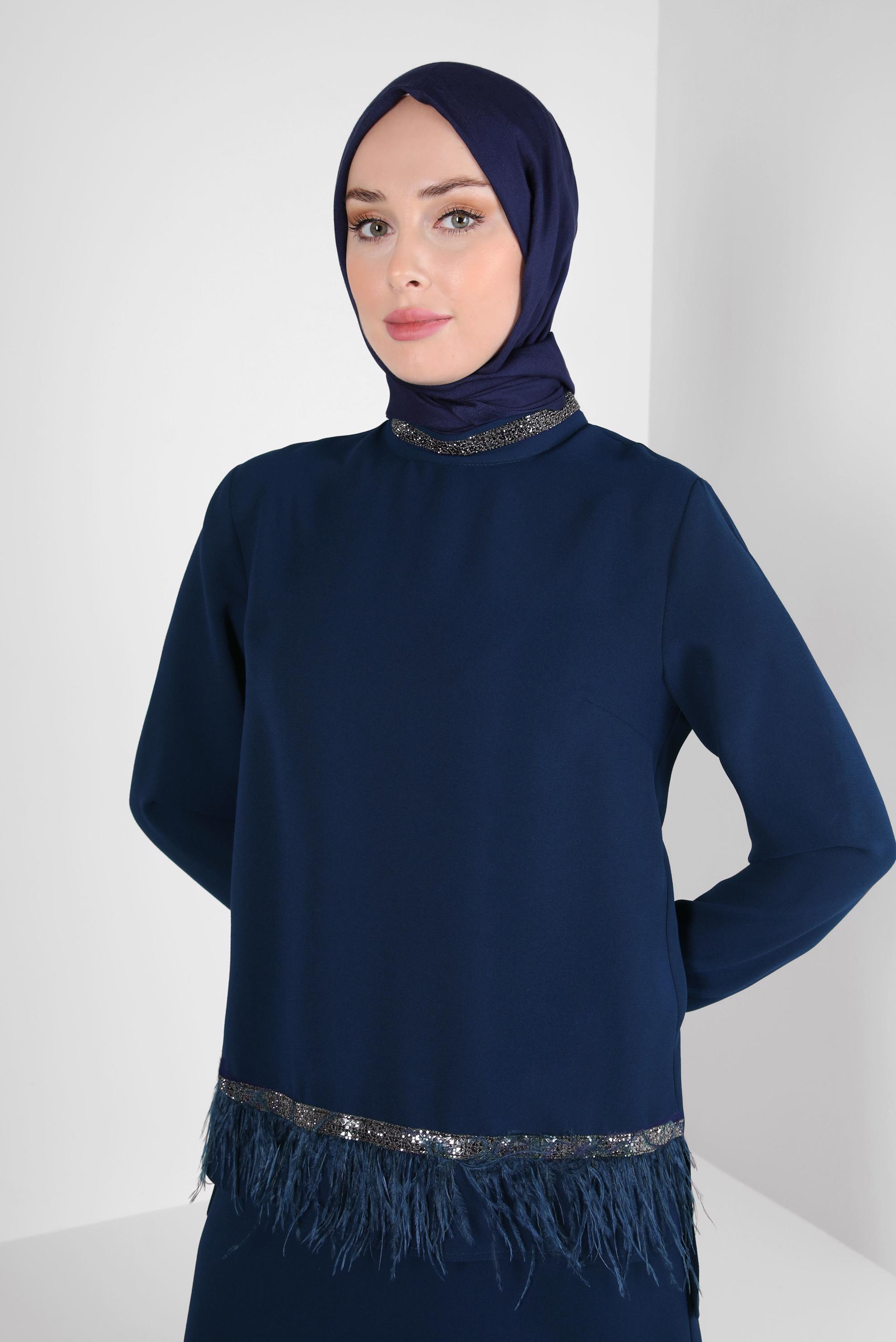 Tesettür giyim LACİVERT PÜSKÜL DETAYLI ETEKLİ TAKIM 30205