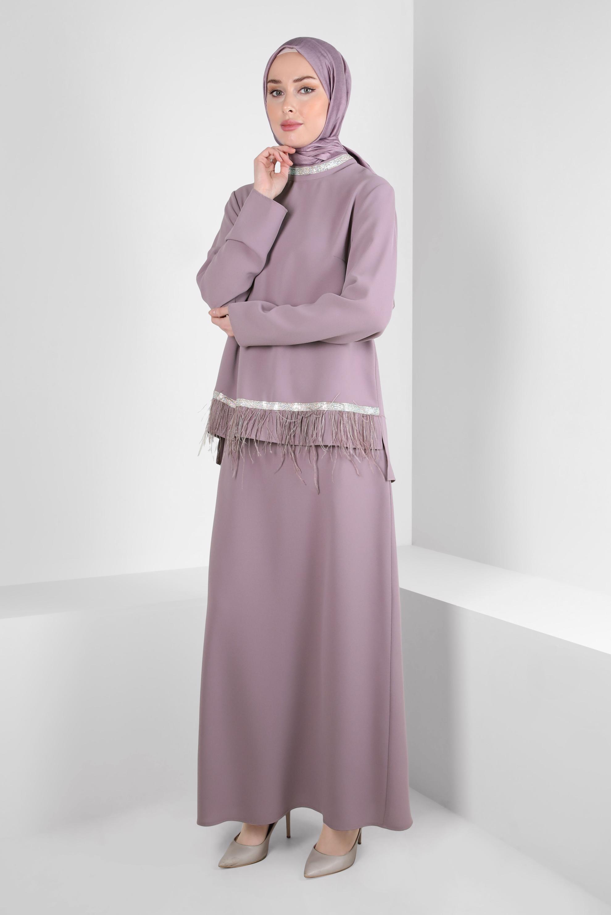 Tesettür giyim PEMBE PÜSKÜL DETAYLI ETEKLİ TAKIM 30205