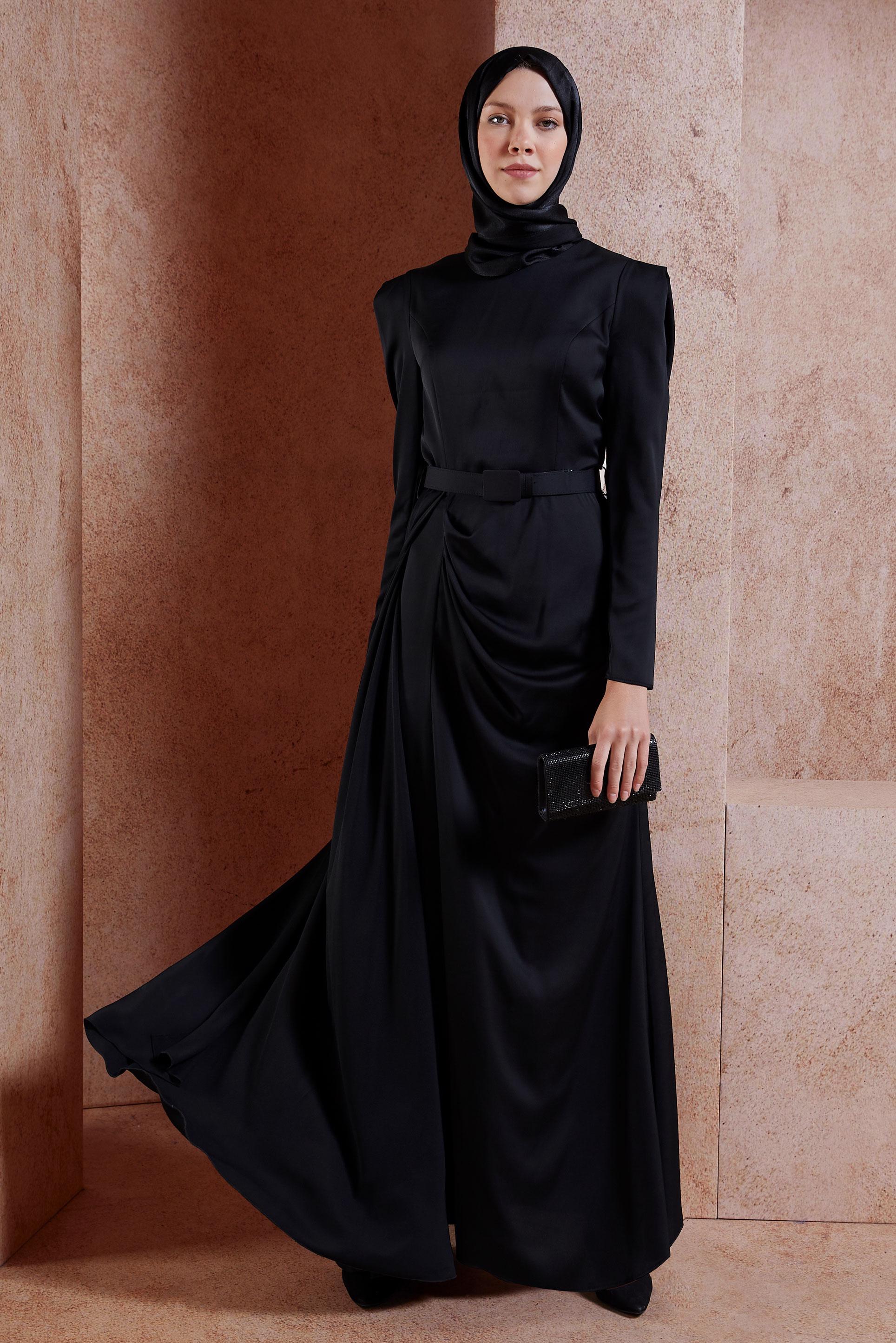 Tesettür giyim SİYAH SATEN TESETTÜR ABİYE ELBİSE 50170