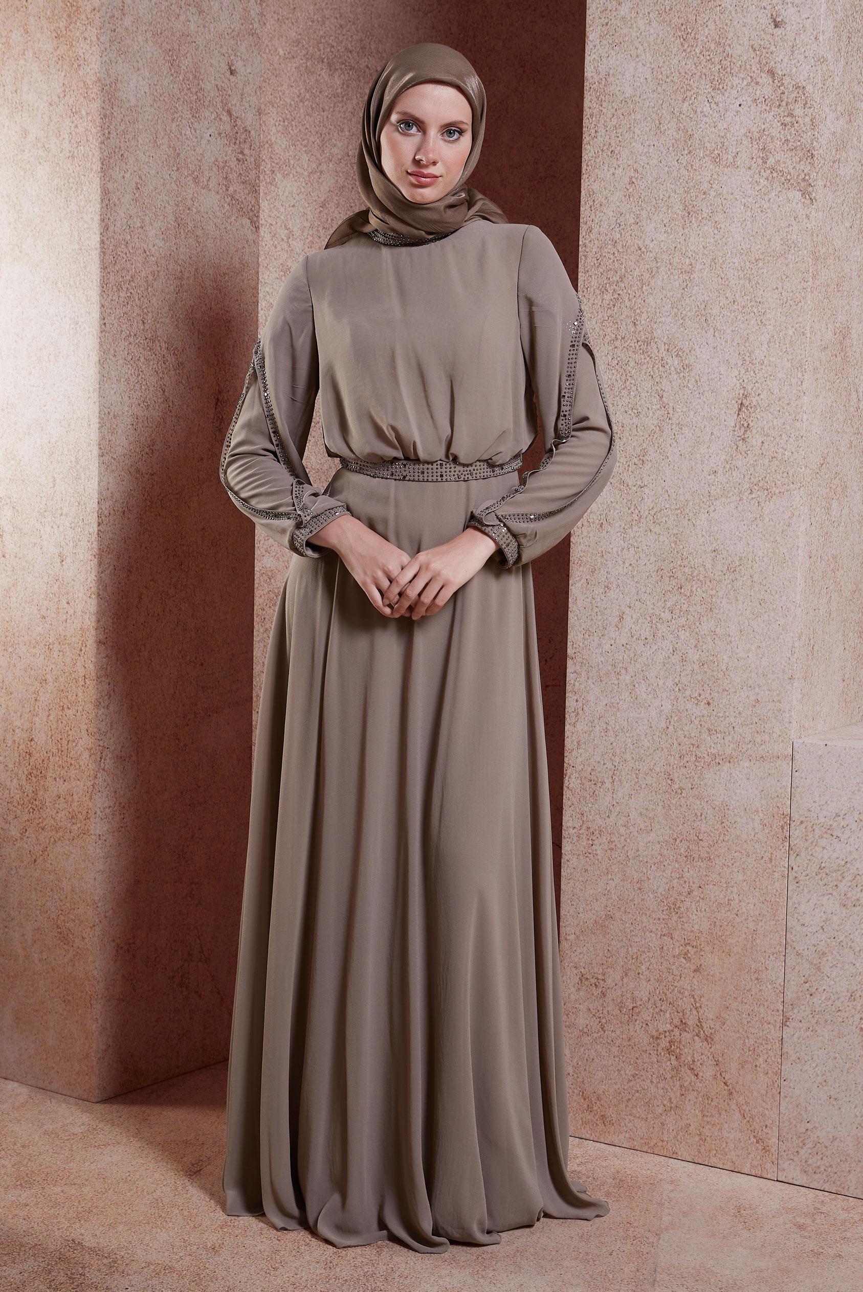 Tesettür giyim VİZON TAŞLI ŞİFON ABİYE ELBİSE 50211