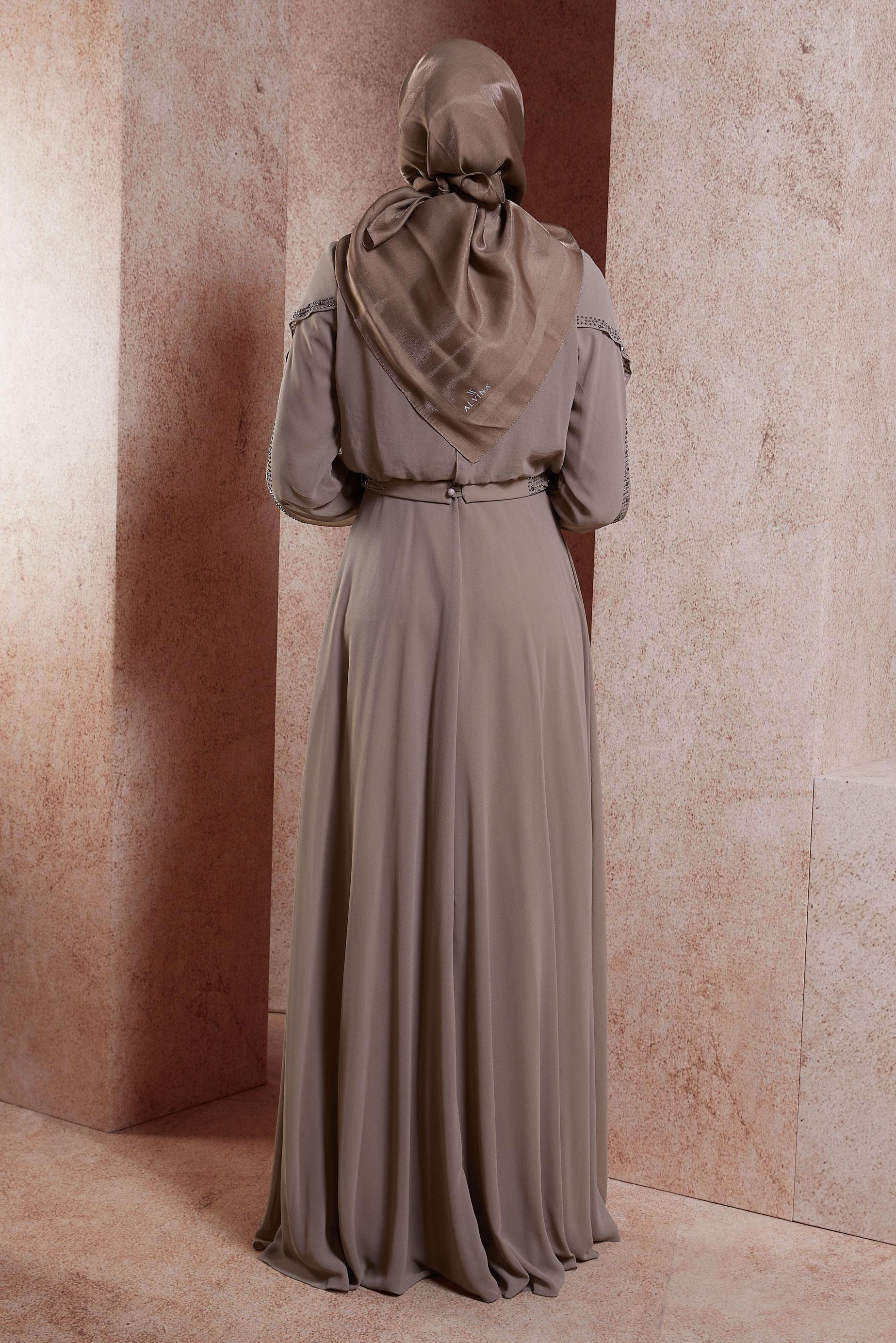 Tesettür giyim VİZON TAŞLI ŞİFON ABİYE ELBİSE 50211