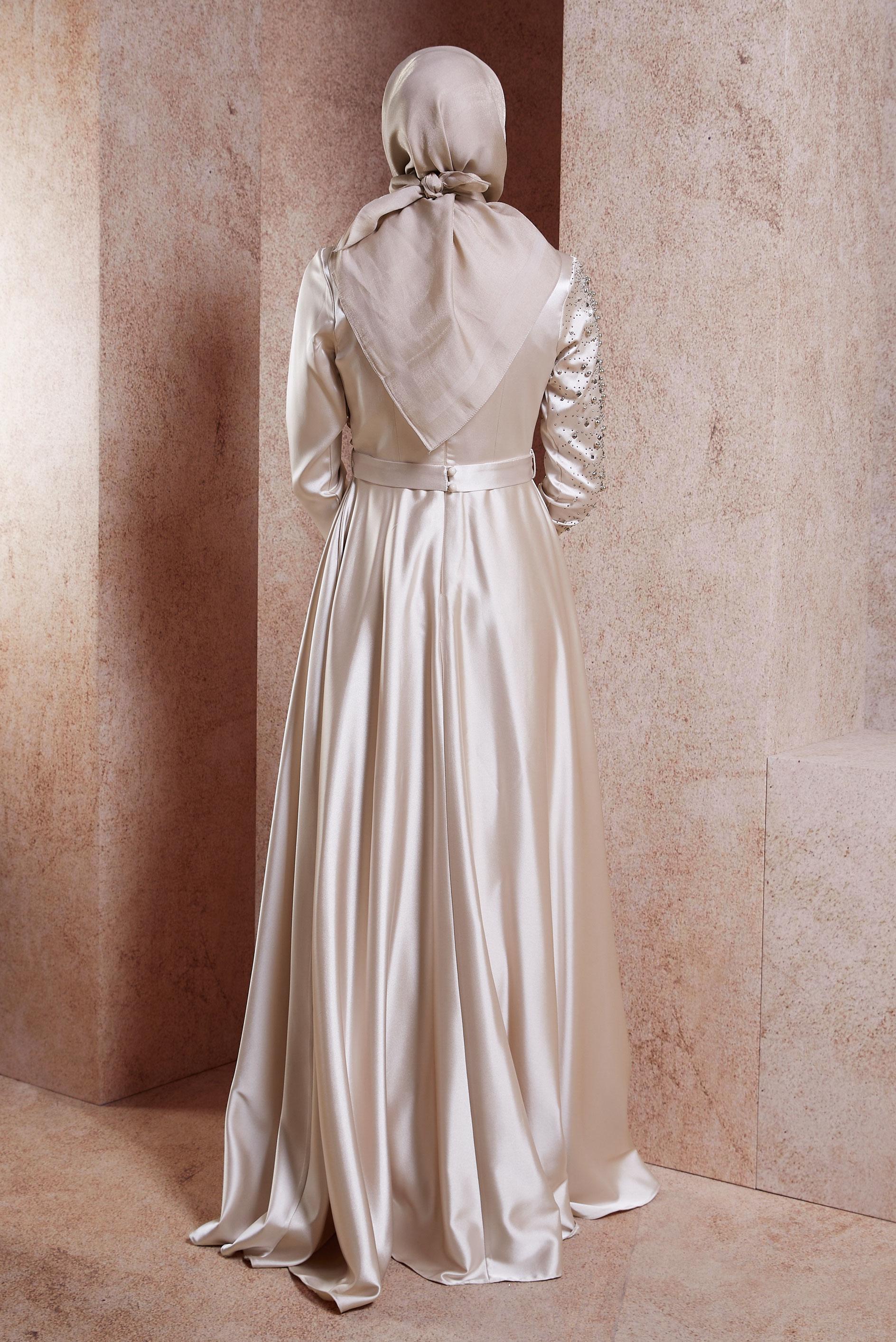 Tesettür giyim BEJ SATEN TESETTÜR ABİYE ELBİSE 50218