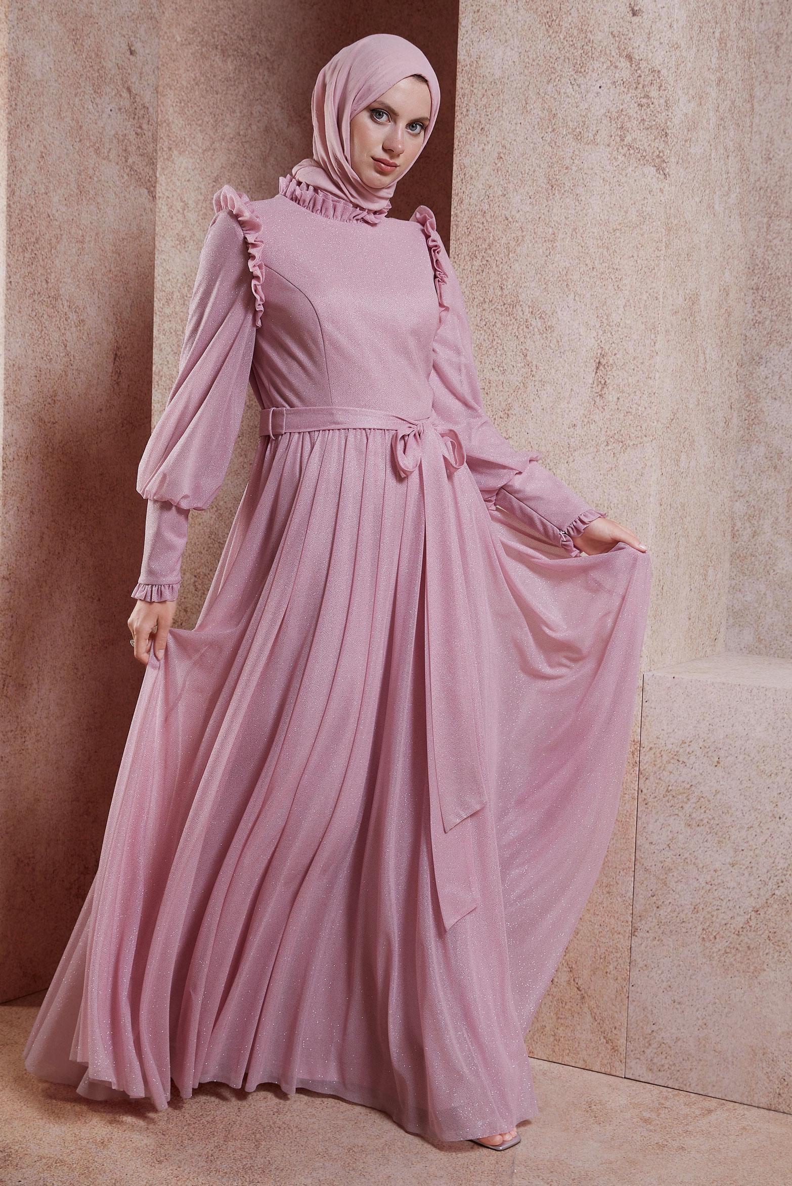 Tesettür giyim PEMBE FIRFIR DETAYLI SİMLİ ABİYE ELBİSE 50224