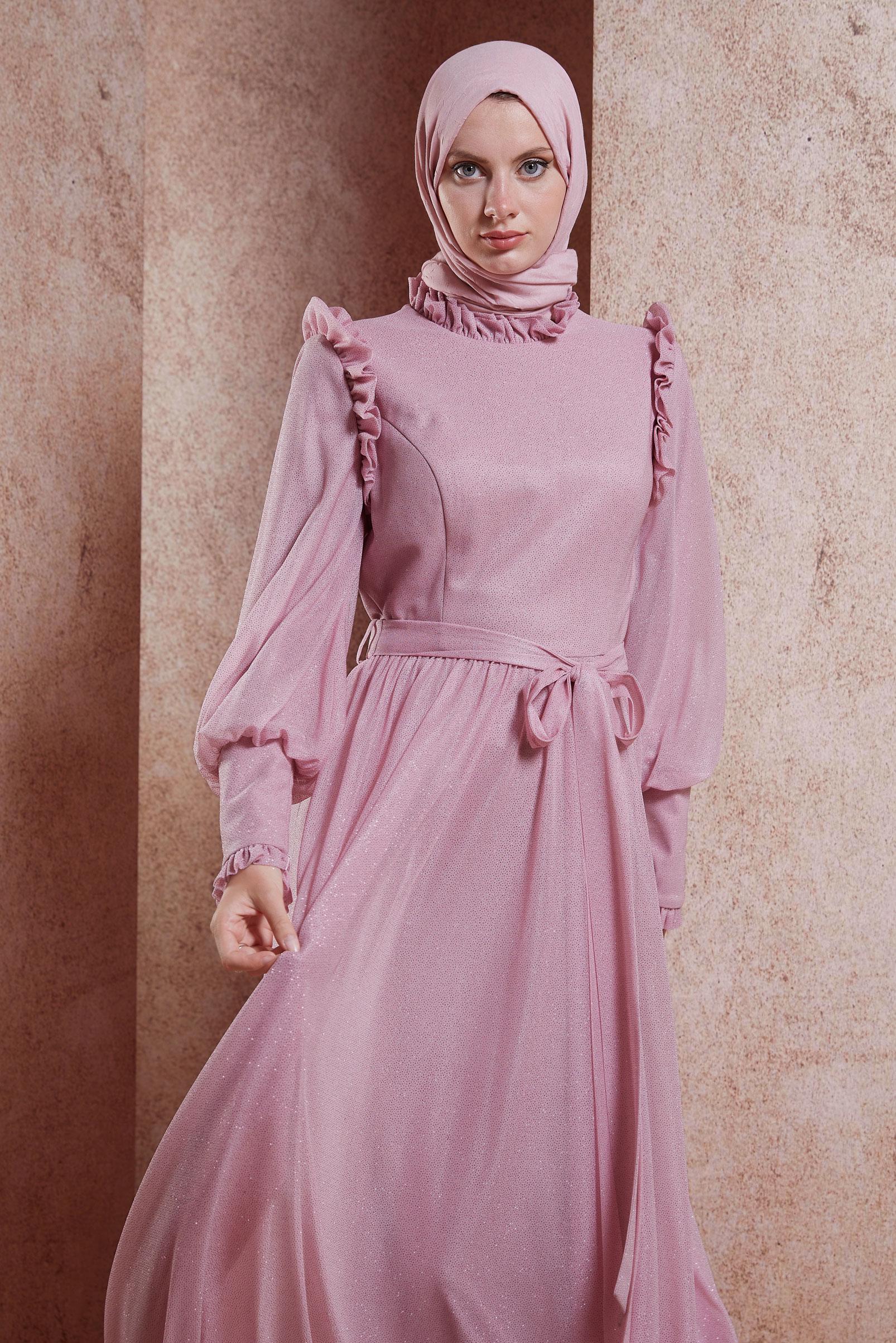 Tesettür giyim PEMBE FIRFIR DETAYLI SİMLİ ABİYE ELBİSE 50224