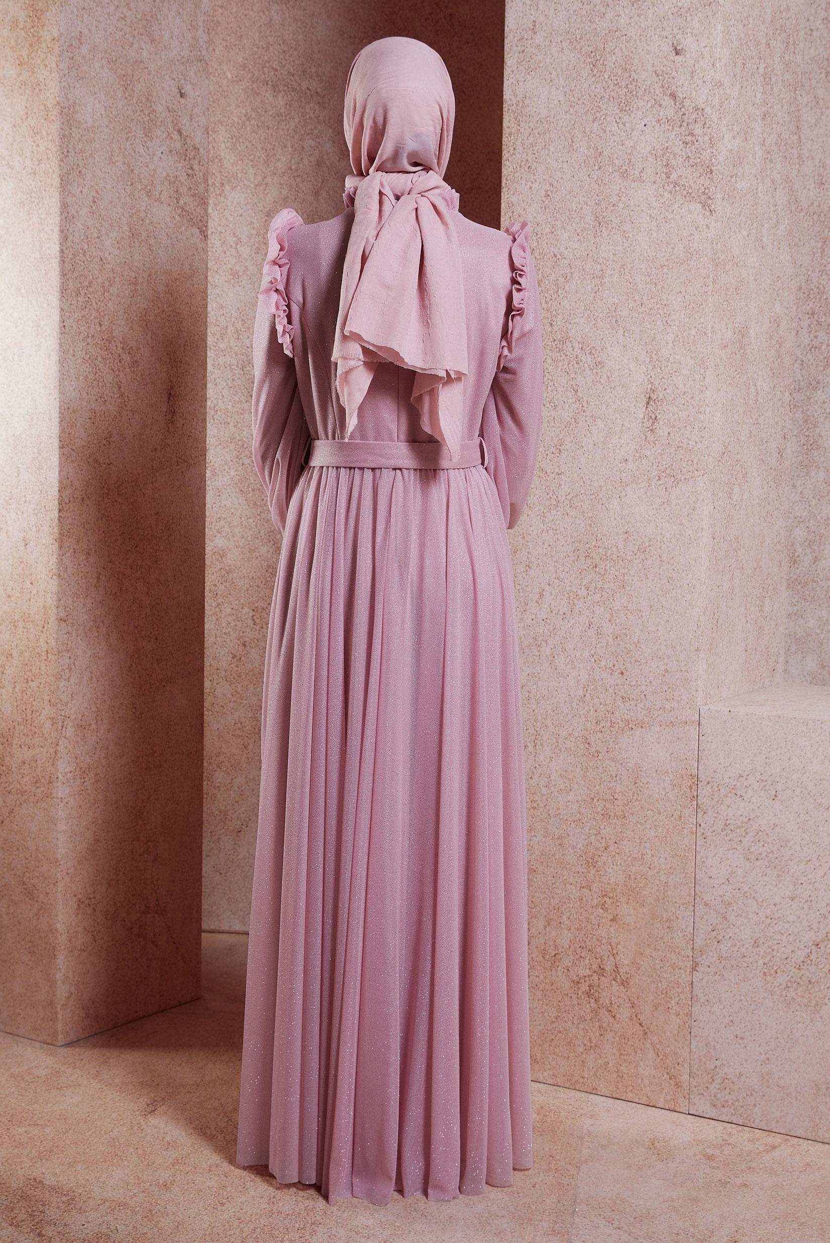 Tesettür giyim PEMBE FIRFIR DETAYLI SİMLİ ABİYE ELBİSE 50224