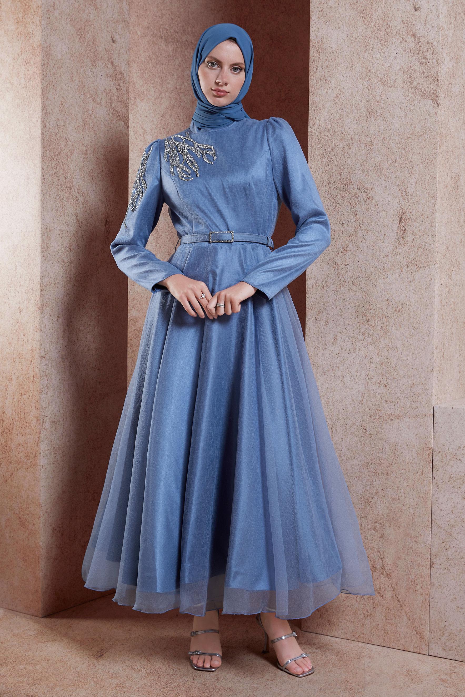 Tesettür giyim MAVİ TAŞ İŞLEMELİ ABİYE ELBİSE 50226