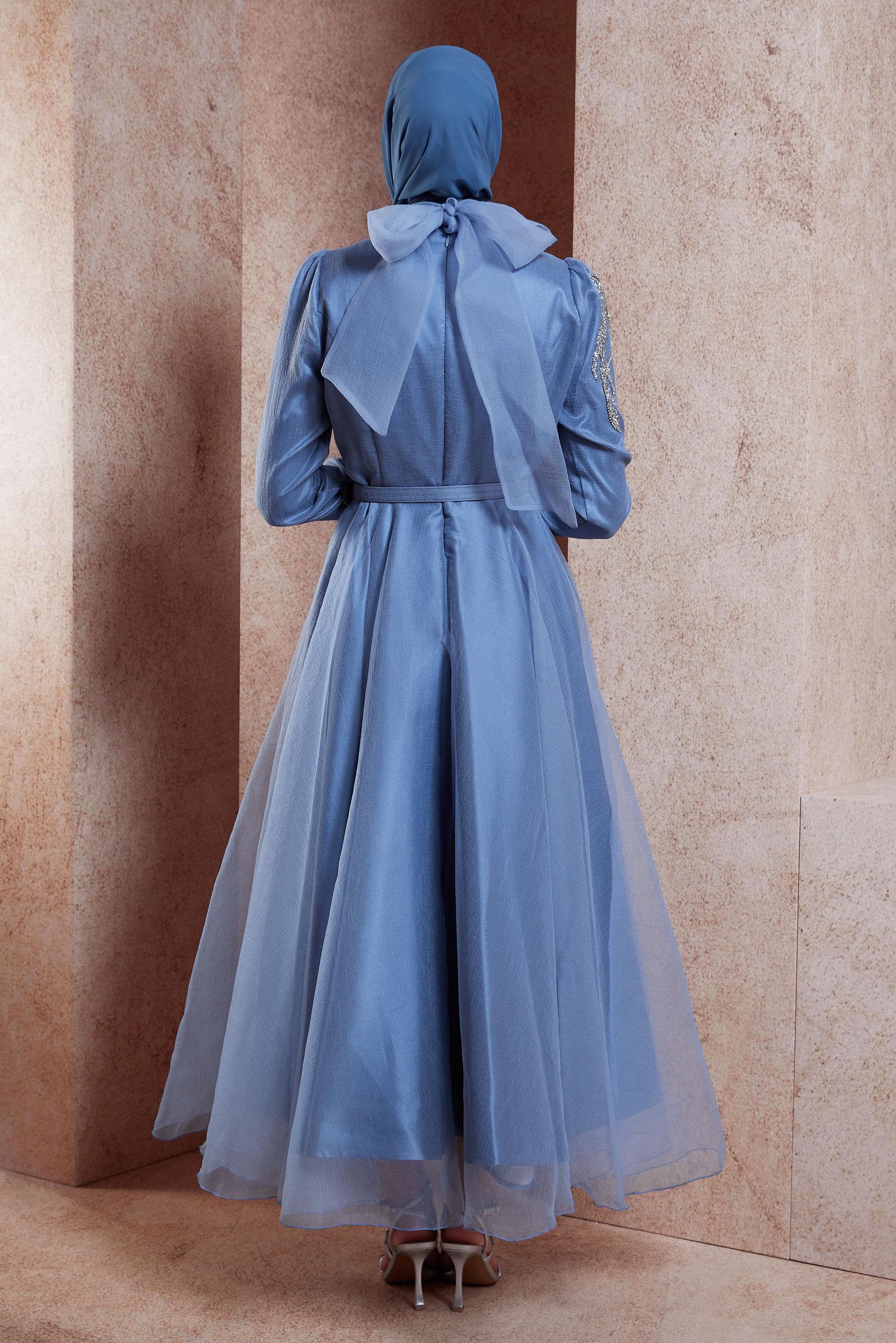 Tesettür giyim MAVİ TAŞ İŞLEMELİ ABİYE ELBİSE 50226