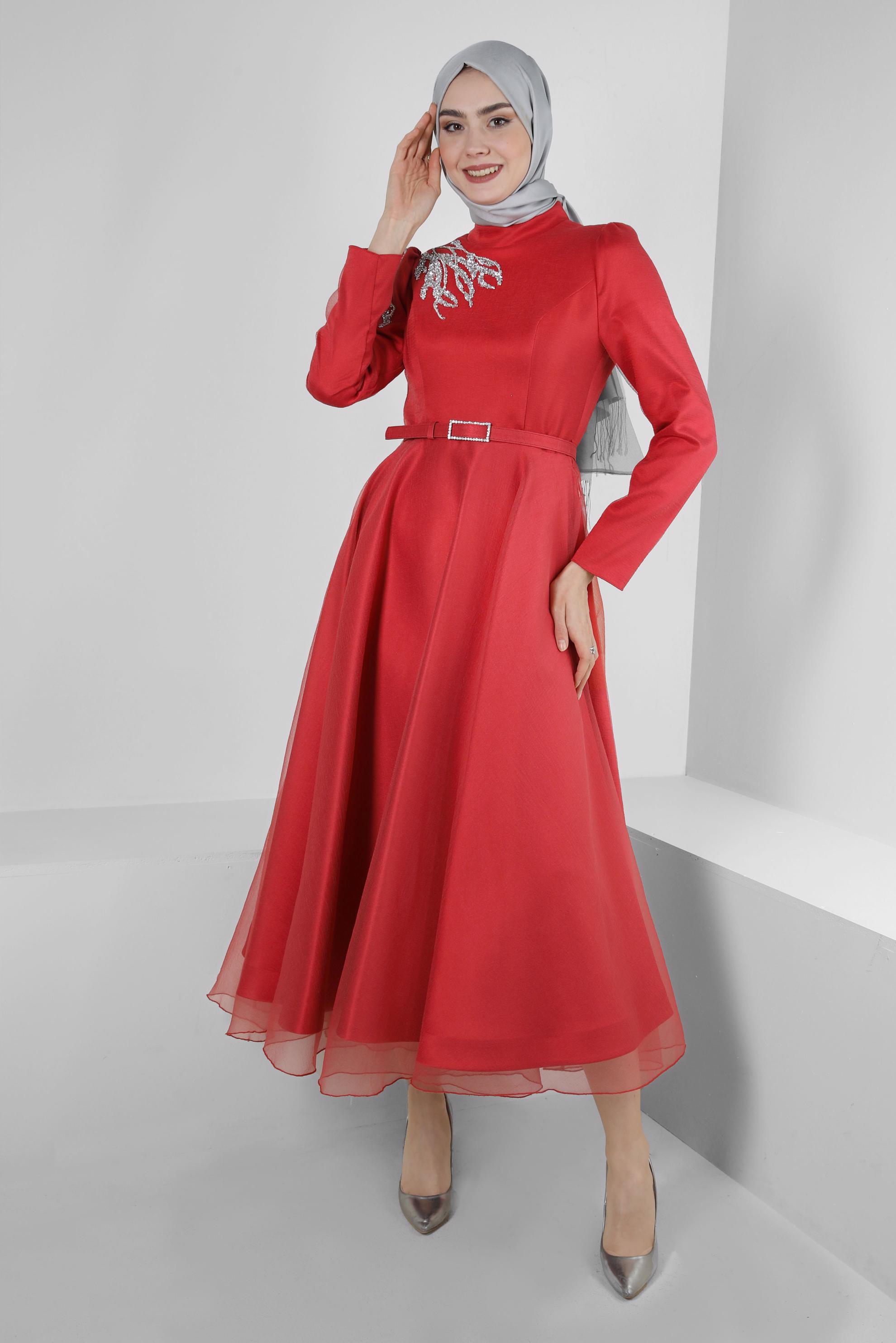 Tesettür giyim TURUNCU TAŞ İŞLEMELİ ABİYE ELBİSE 50226