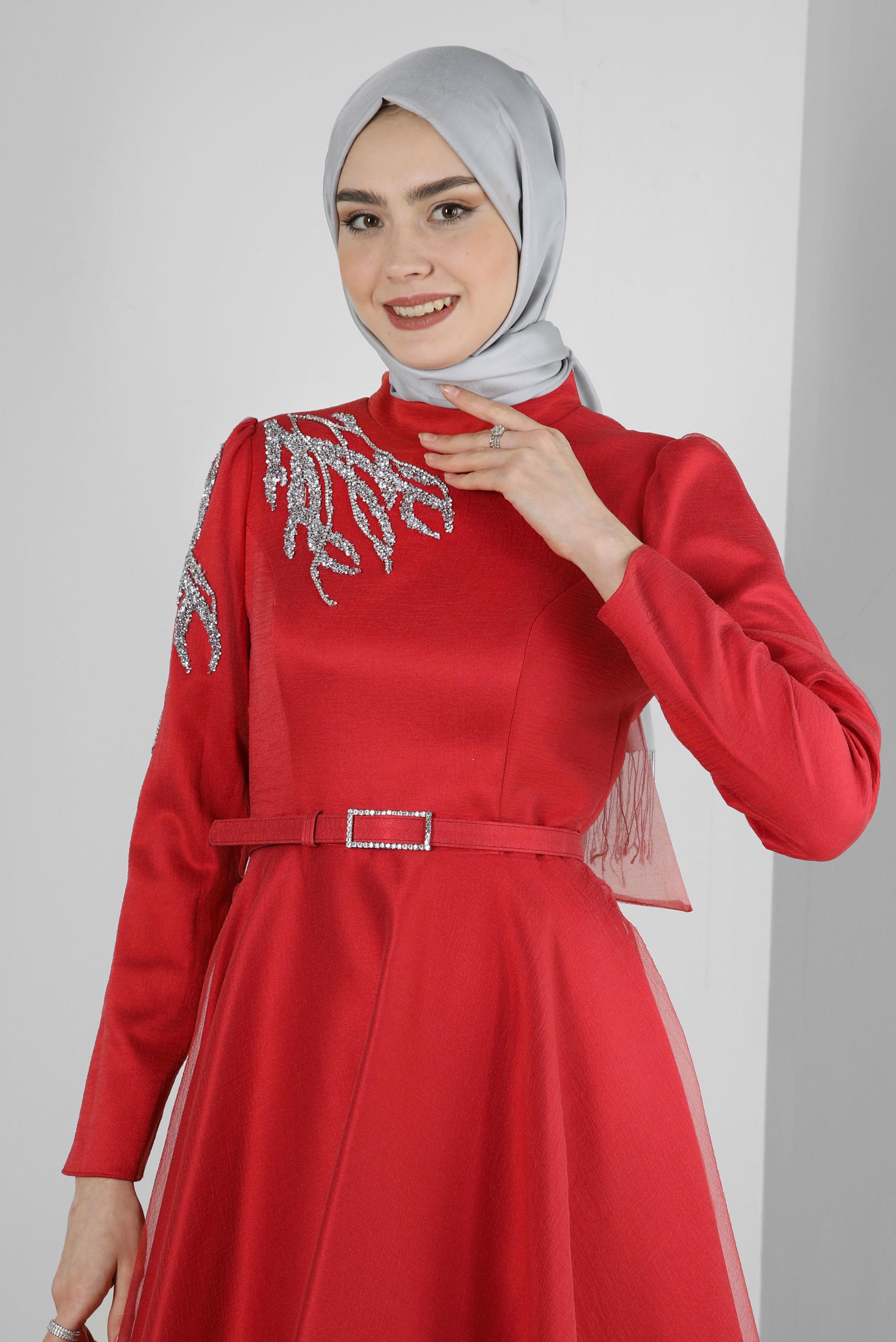 Tesettür giyim TURUNCU TAŞ İŞLEMELİ ABİYE ELBİSE 50226