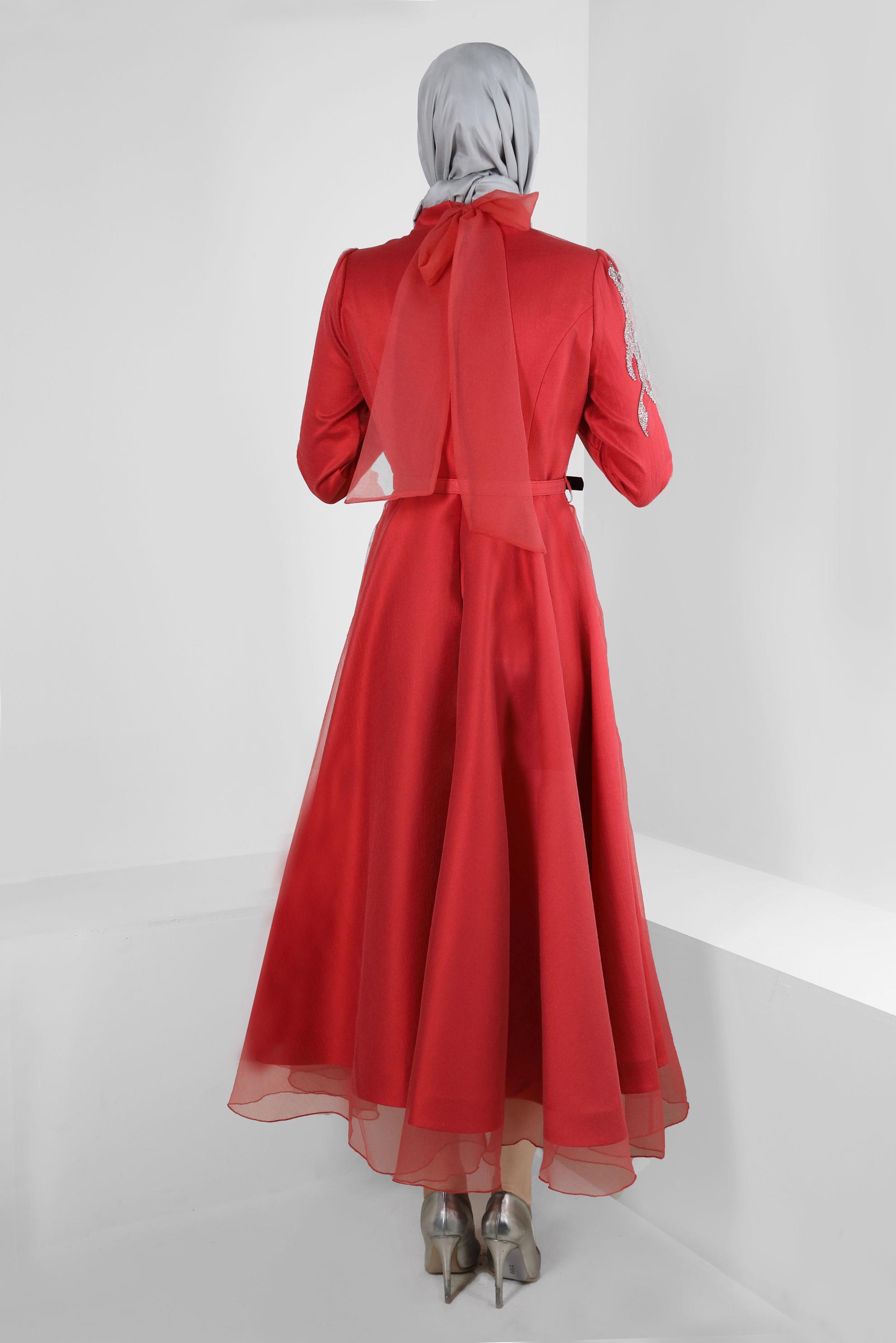 Tesettür giyim TURUNCU TAŞ İŞLEMELİ ABİYE ELBİSE 50226