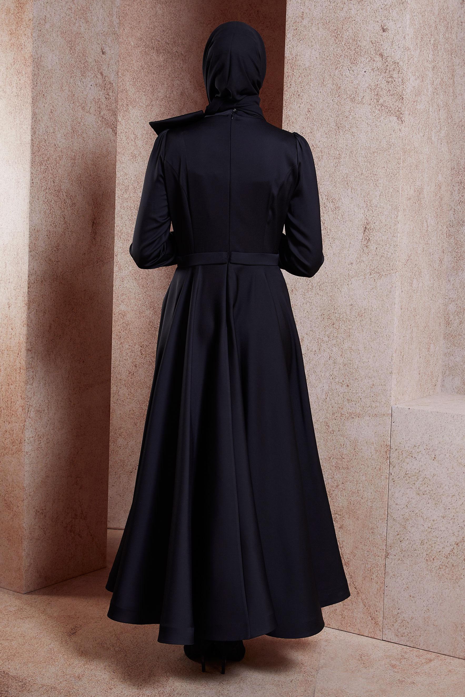 Tesettür giyim SİYAH FİYONK DETAYLI ABİYE ELBİSE 50233