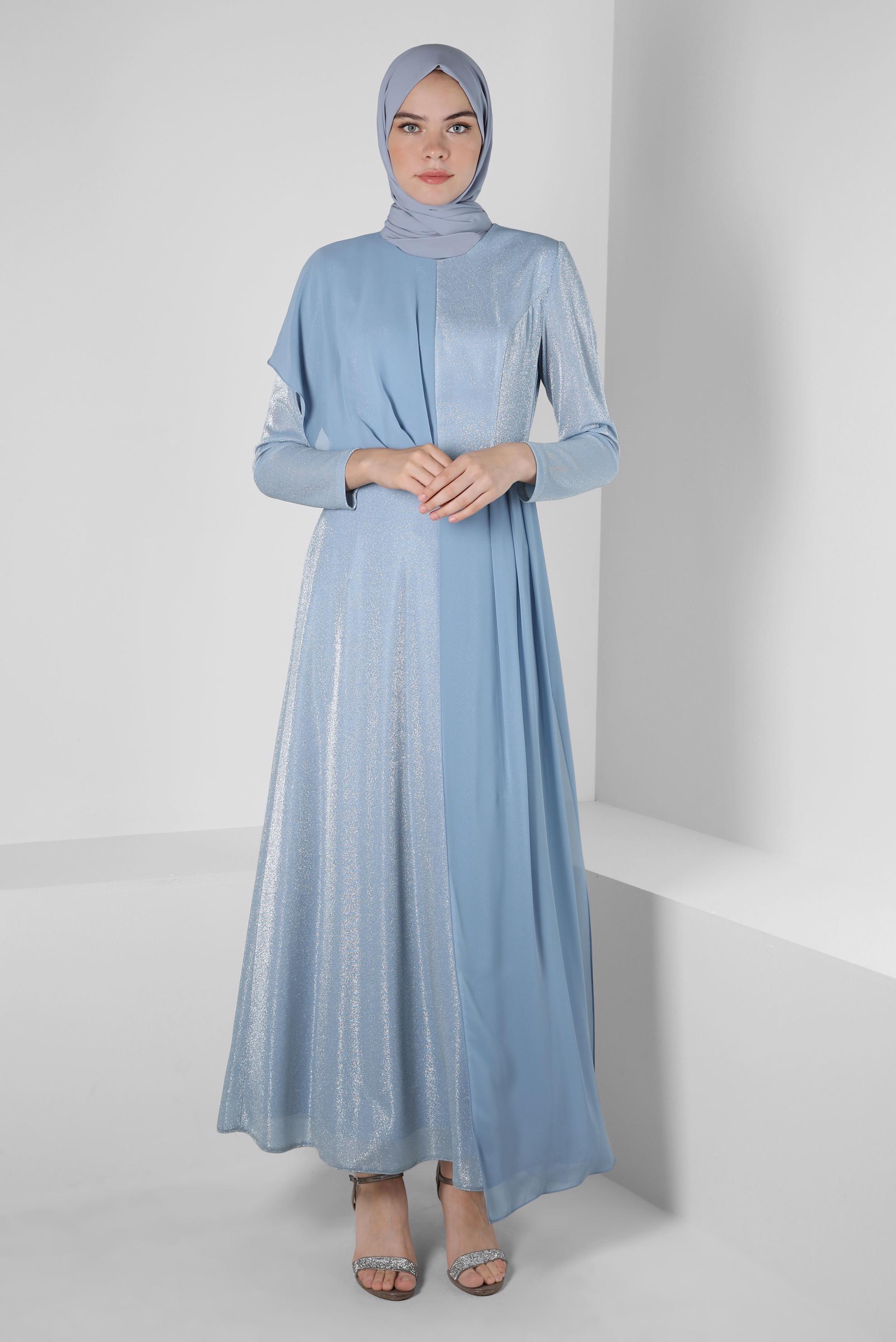 Tesettür giyim MAVİ KEMERLİ SİMLİ ABİYE ELBİSE 50254