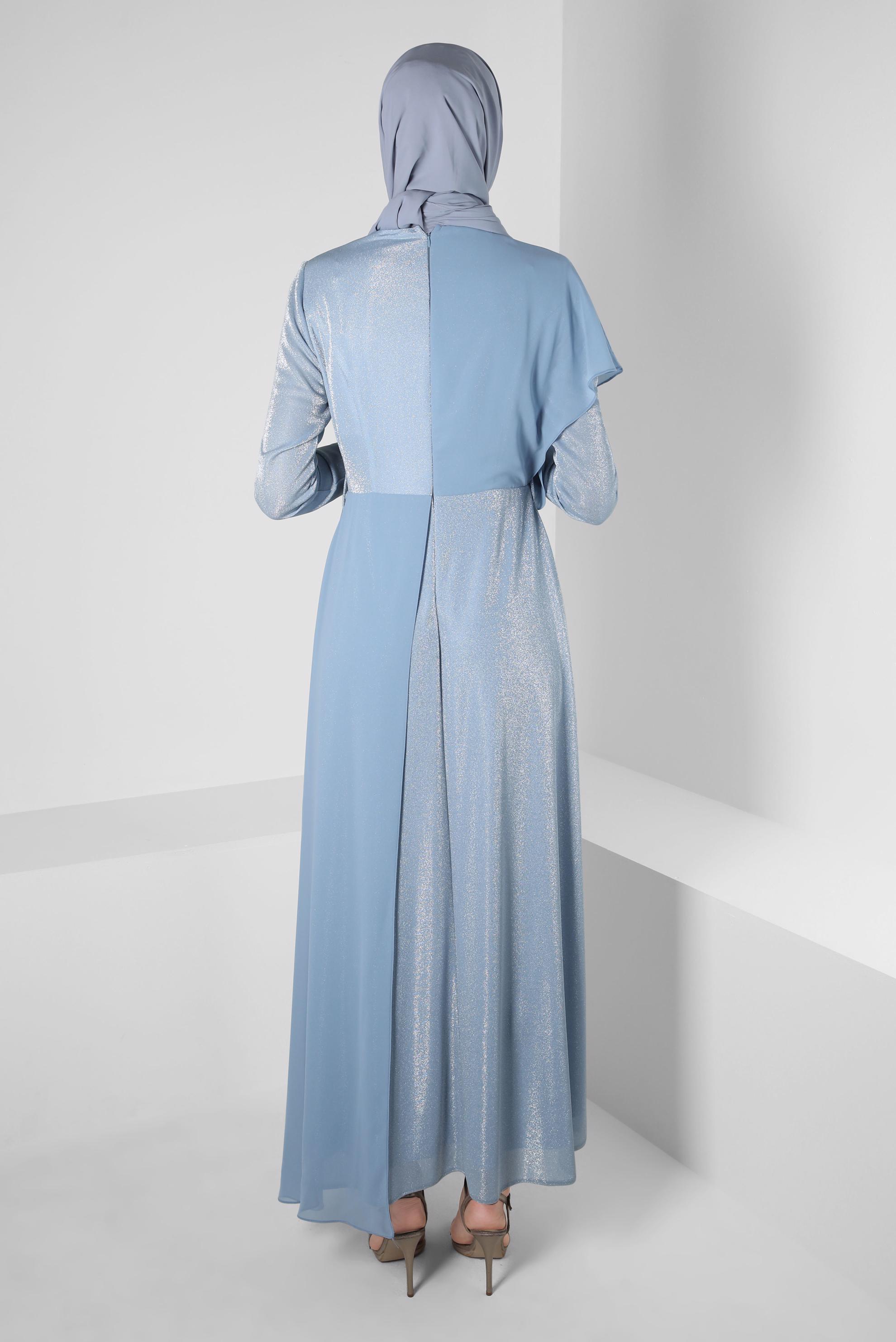 Tesettür giyim MAVİ KEMERLİ SİMLİ ABİYE ELBİSE 50254