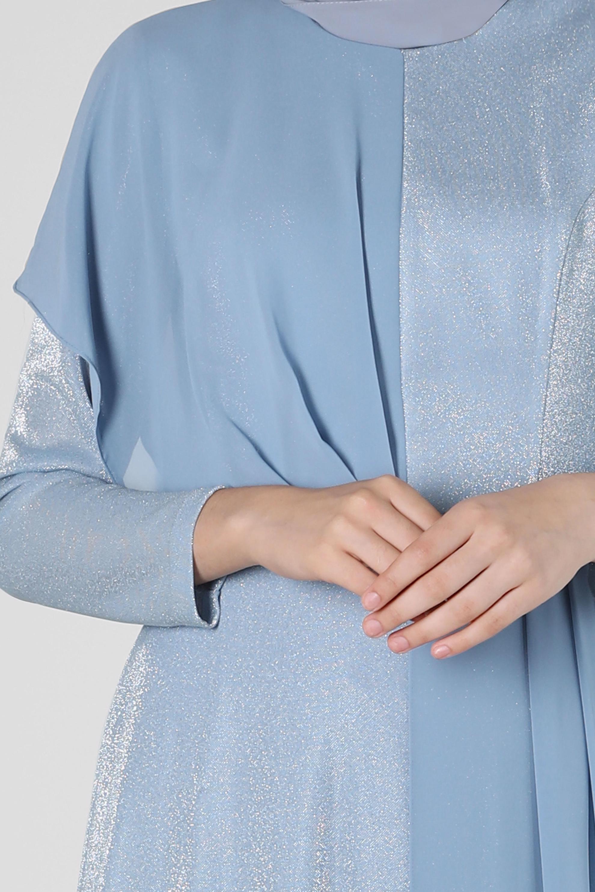 Tesettür giyim MAVİ KEMERLİ SİMLİ ABİYE ELBİSE 50254