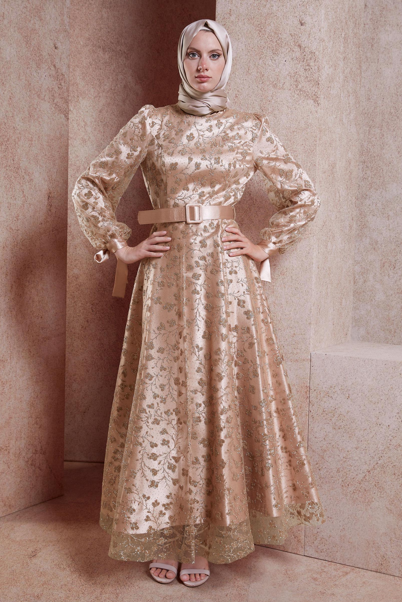 Tesettür giyim BAKIR / BRONZ ÇİÇEK DESENLİ KEMERLİ ABİYE 50266