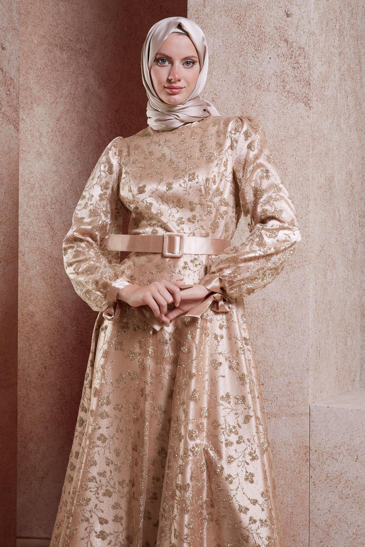 Tesettür giyim BAKIR / BRONZ ÇİÇEK DESENLİ KEMERLİ ABİYE 50266