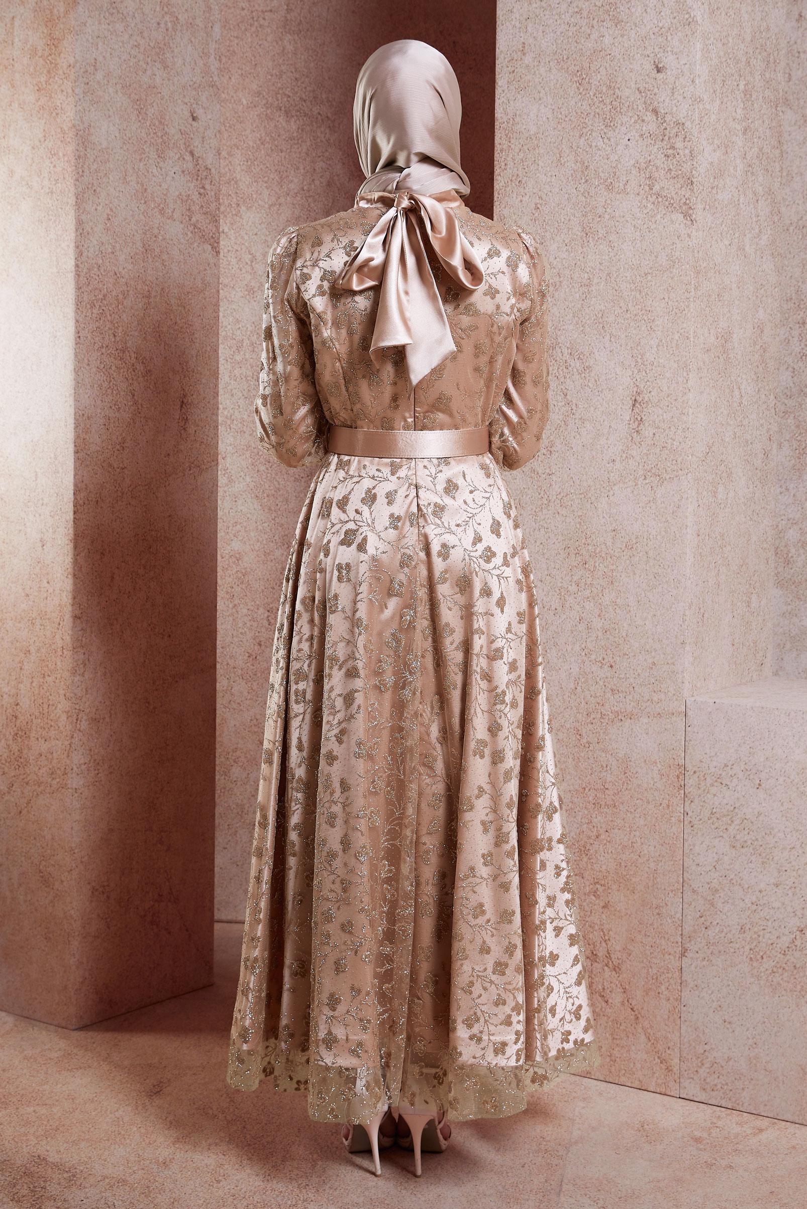 Tesettür giyim BAKIR / BRONZ ÇİÇEK DESENLİ KEMERLİ ABİYE 50266