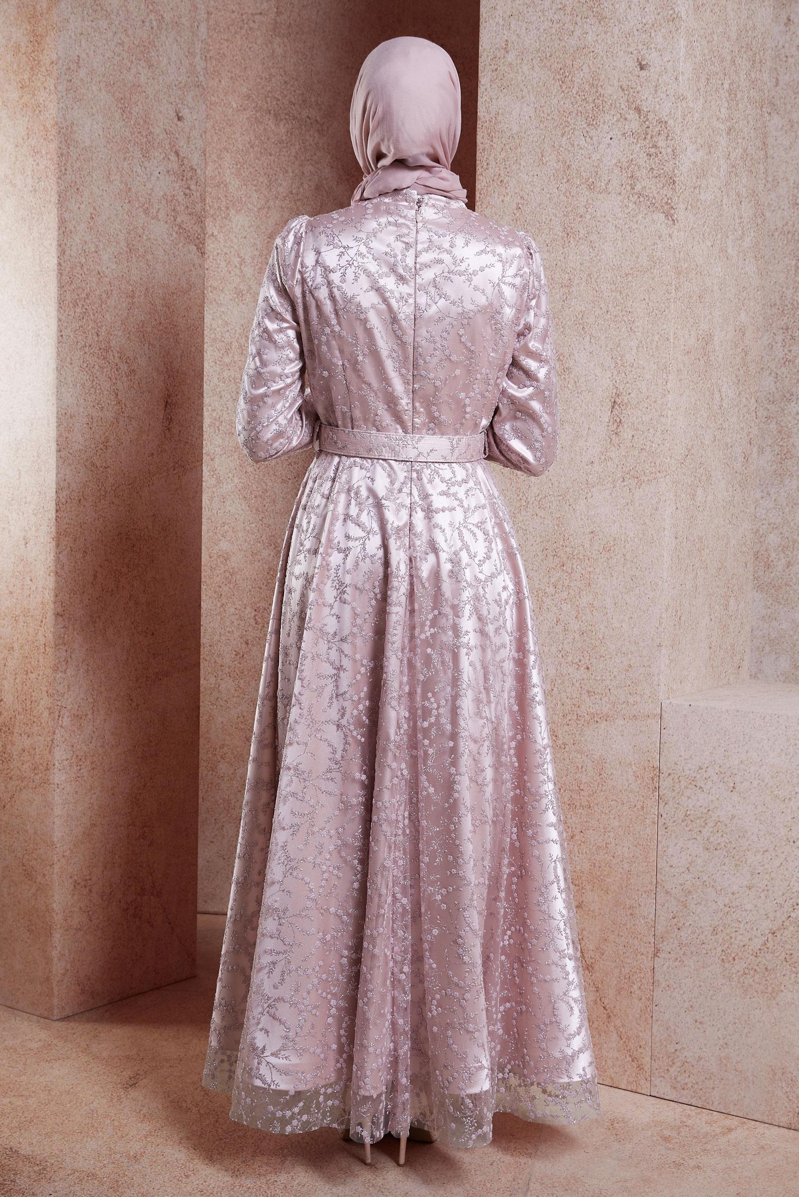 Tesettür giyim PUDRA KEMERLİ TESETTÜR ABİYE ELBİSE 50268