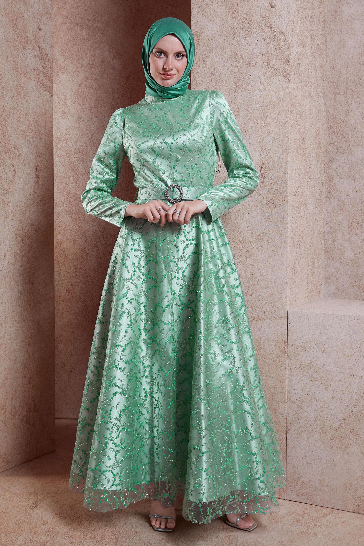 Tesettür giyim YEŞİL KEMERLİ TESETTÜR ABİYE ELBİSE 50268