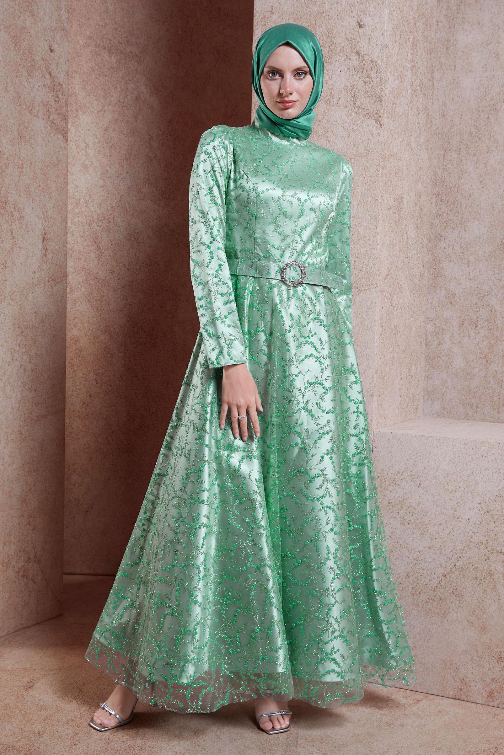 Tesettür giyim YEŞİL KEMERLİ TESETTÜR ABİYE ELBİSE 50268