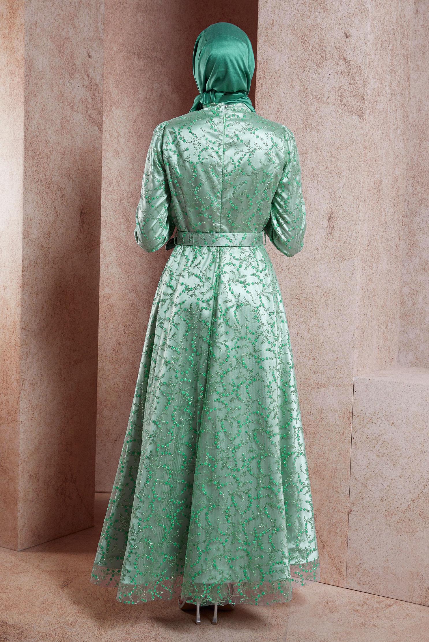 Tesettür giyim YEŞİL KEMERLİ TESETTÜR ABİYE ELBİSE 50268