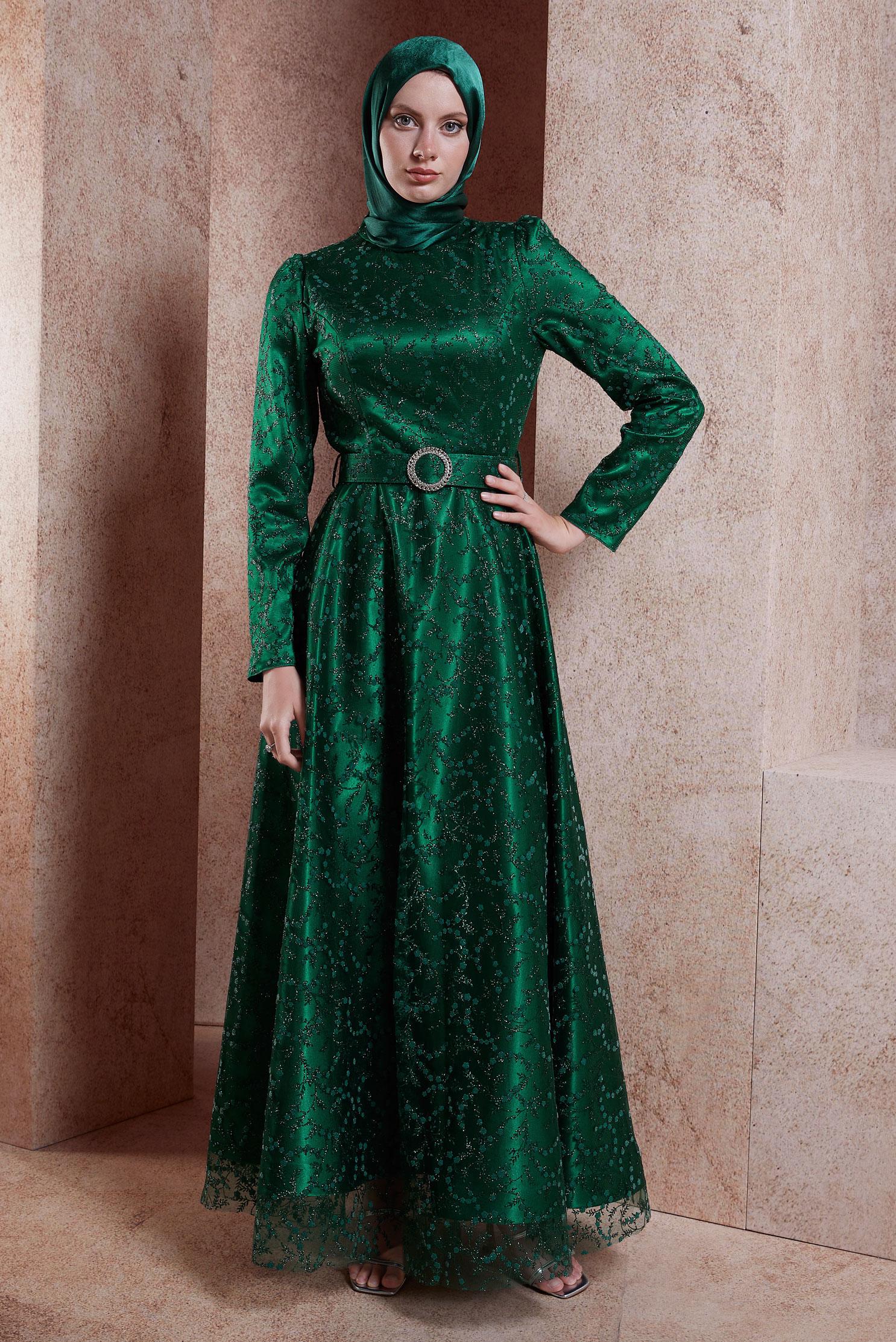 Tesettür giyim YEŞİL KEMERLİ TESETTÜR ABİYE ELBİSE 50268