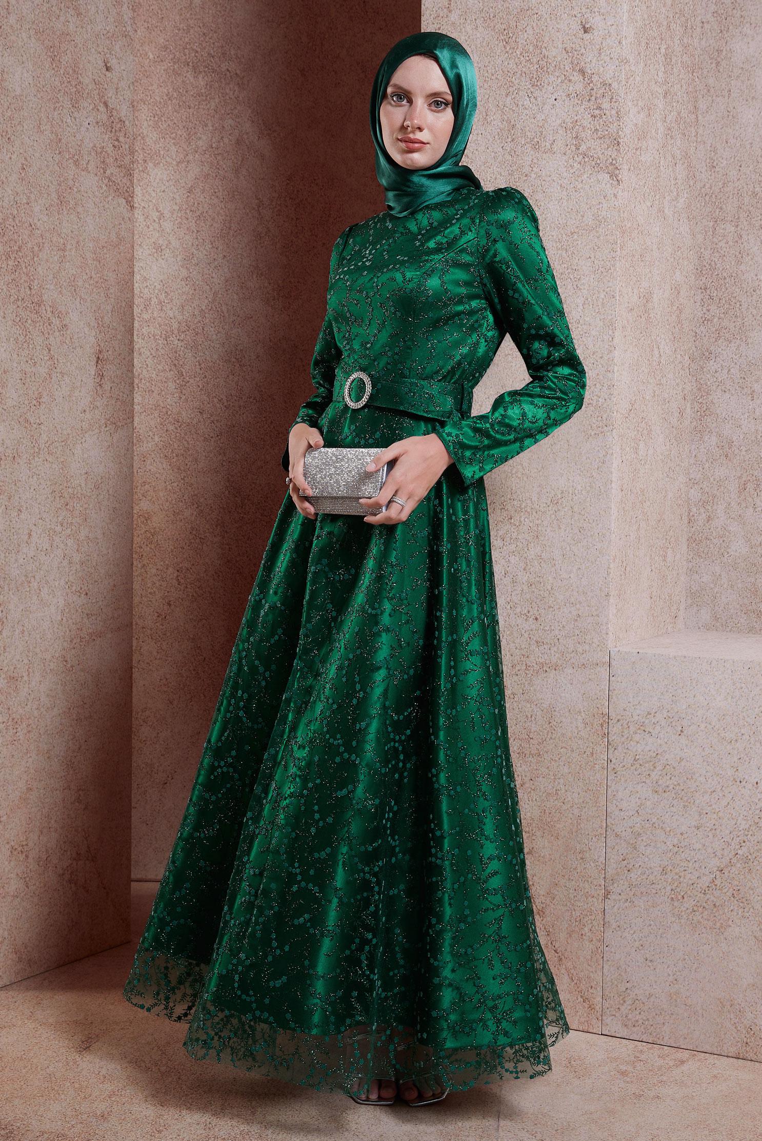 Tesettür giyim YEŞİL KEMERLİ TESETTÜR ABİYE ELBİSE 50268