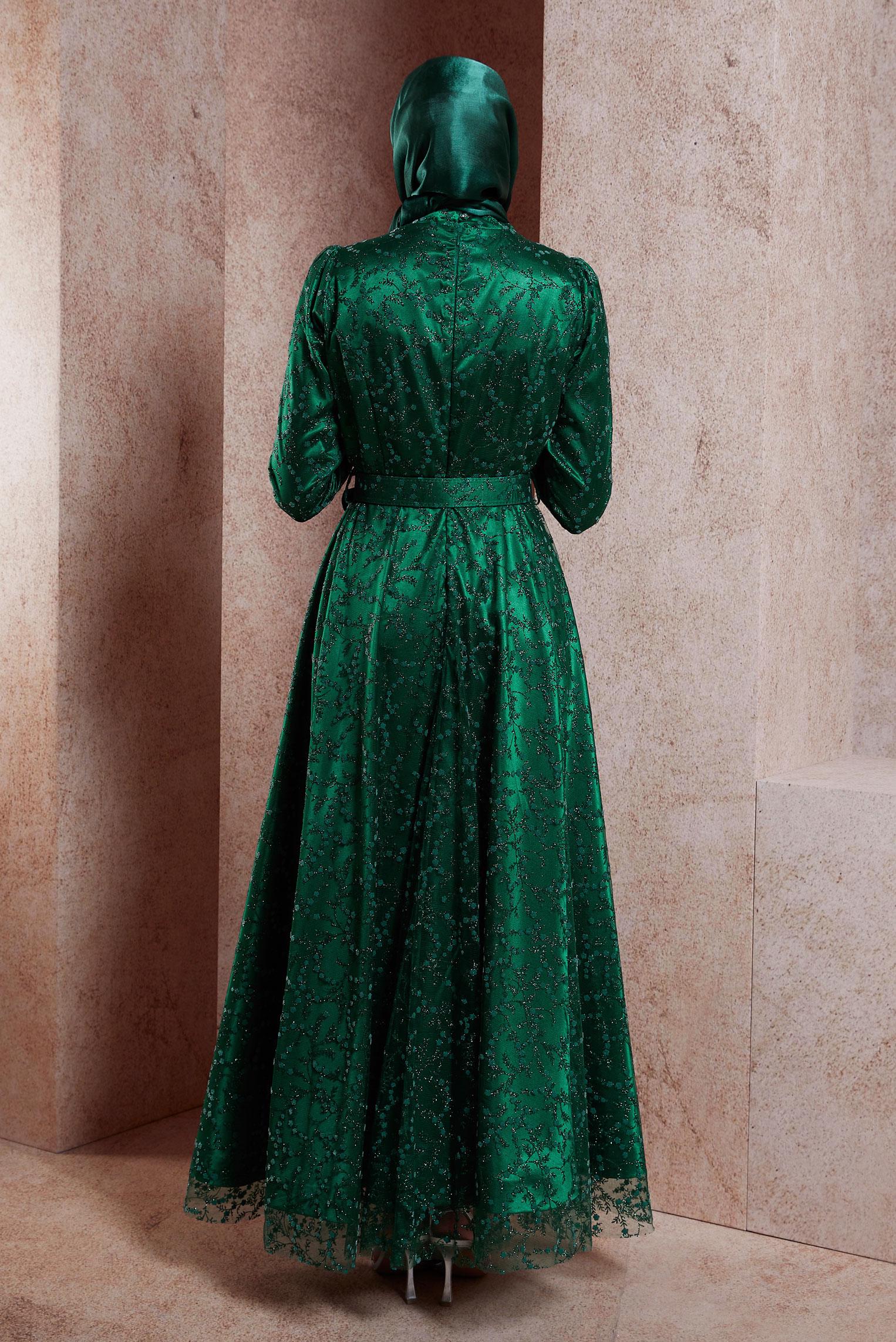 Tesettür giyim YEŞİL KEMERLİ TESETTÜR ABİYE ELBİSE 50268