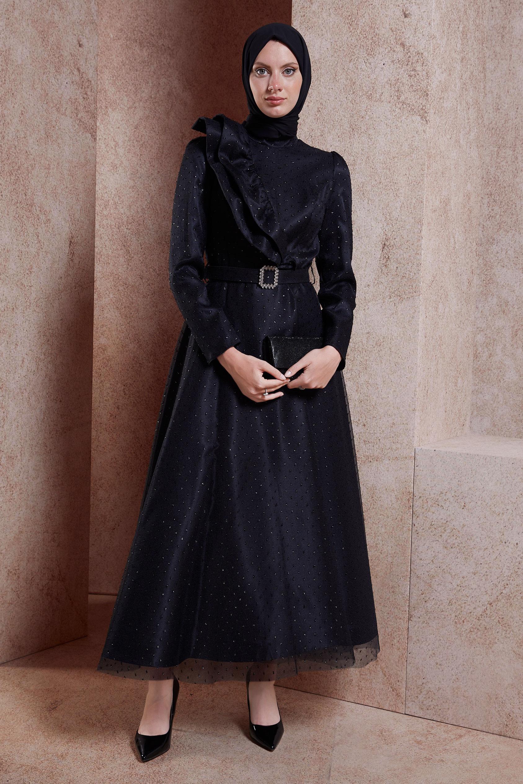 Vêtements hijab NOIR ROBE DE SOIRÉE MODESTE CEINTURE 50271