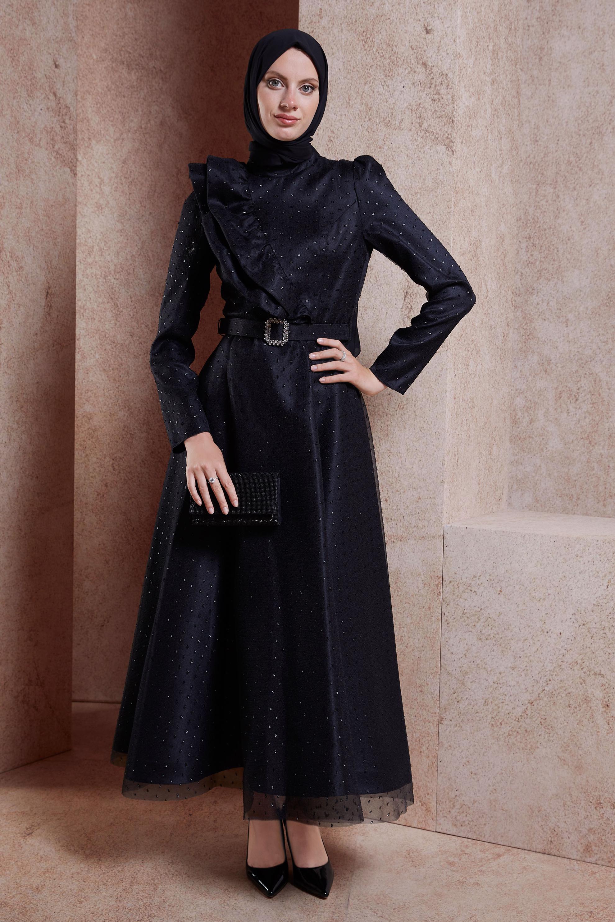Vêtements hijab NOIR ROBE DE SOIRÉE MODESTE CEINTURE 50271